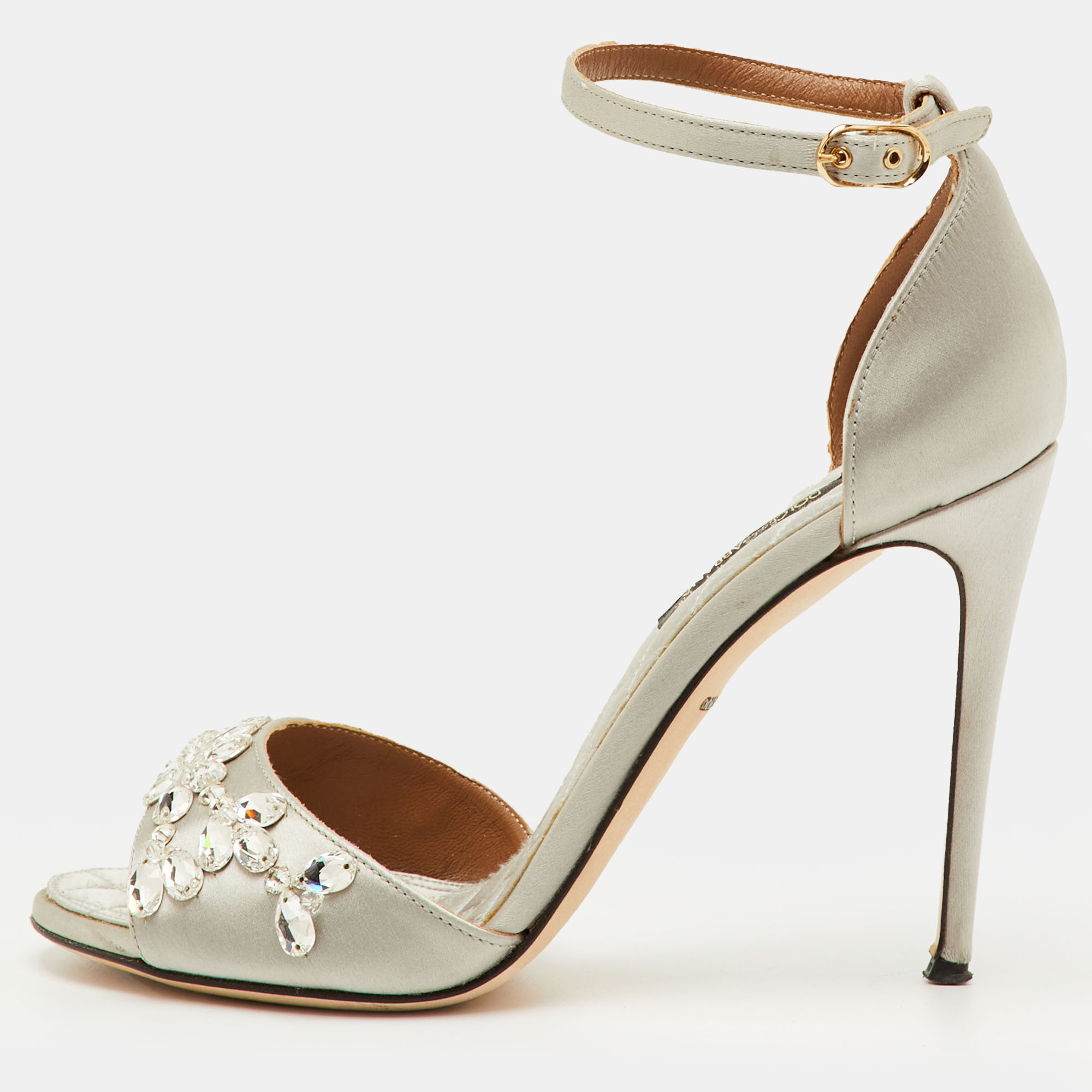 Click to view more detailed imagery on our partner's website Pre-owned Dolce & Gabbana Size 35 Silver Satin Crystal Embellished Ankle Strap Sandals