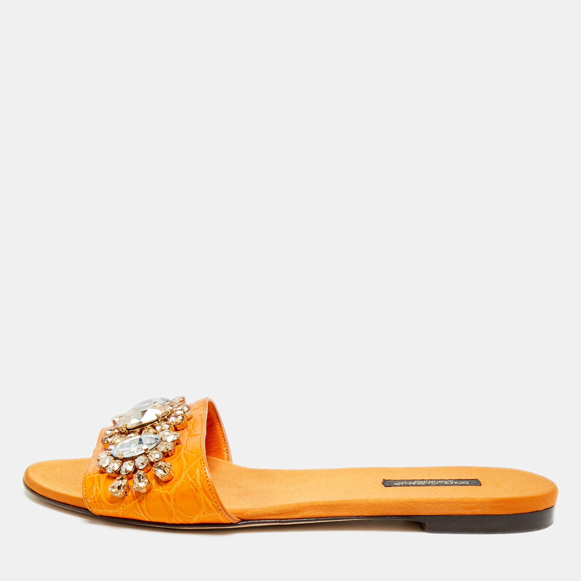 

Dolce & Gabbana Size  Orange Croc Embossed Leather Crystal Embellish Flat Slides