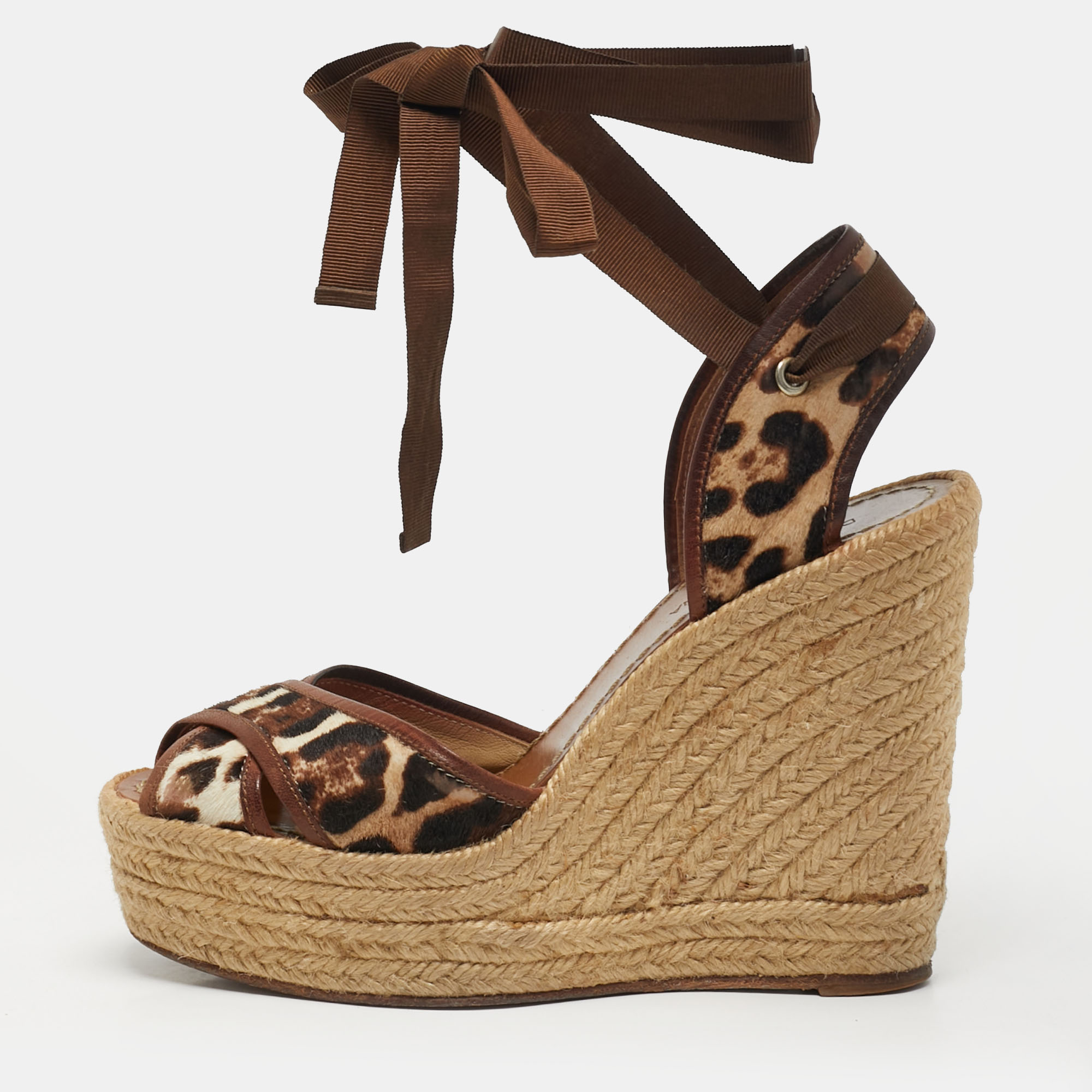 Pre-owned Dolce & Gabbana Size 38 Brown Calf Hair And Leather Wedge Sandals