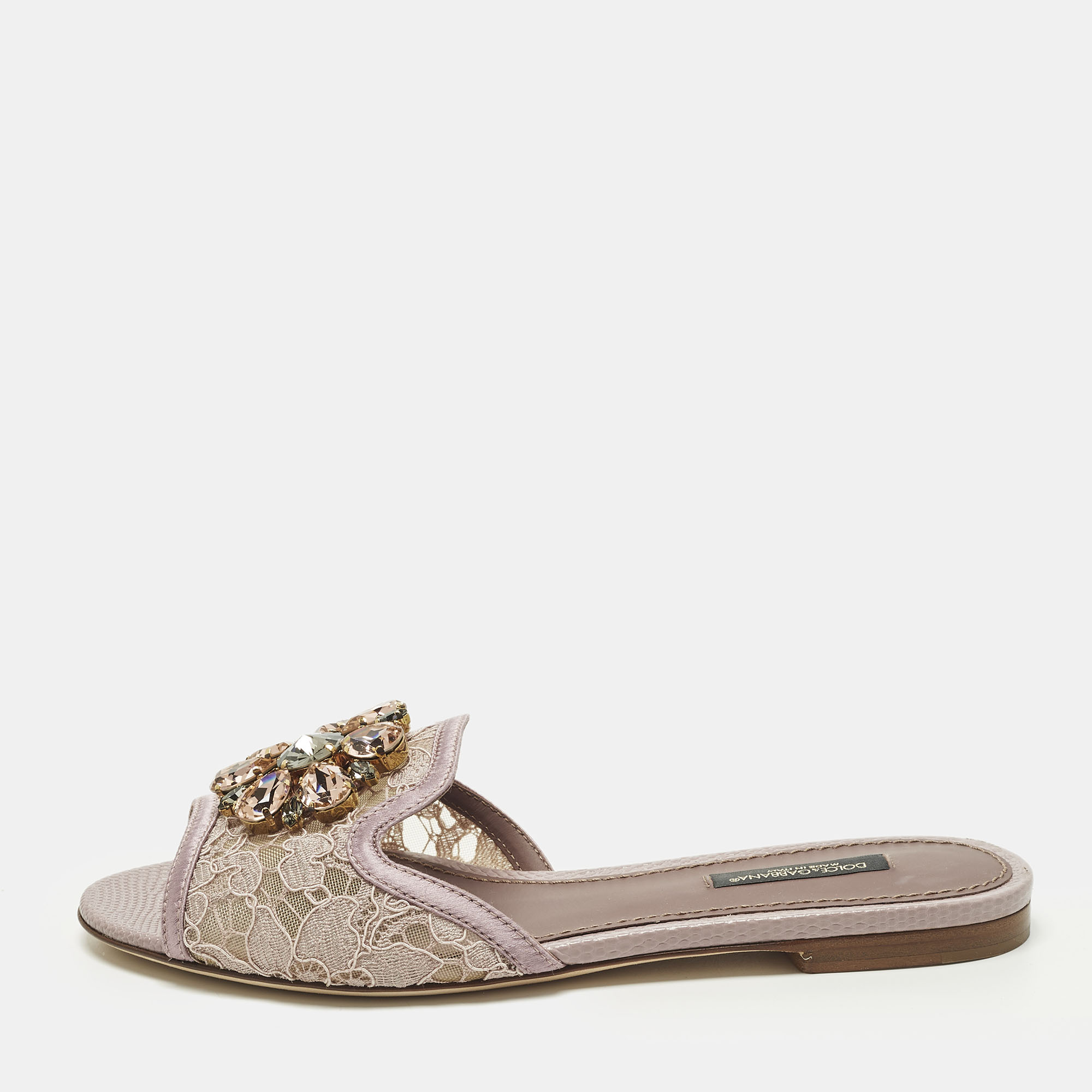 Pre-owned Dolce & Gabbana Sofia Size 36 Purple Lace And Satin Crystal Embellished Flat Slide