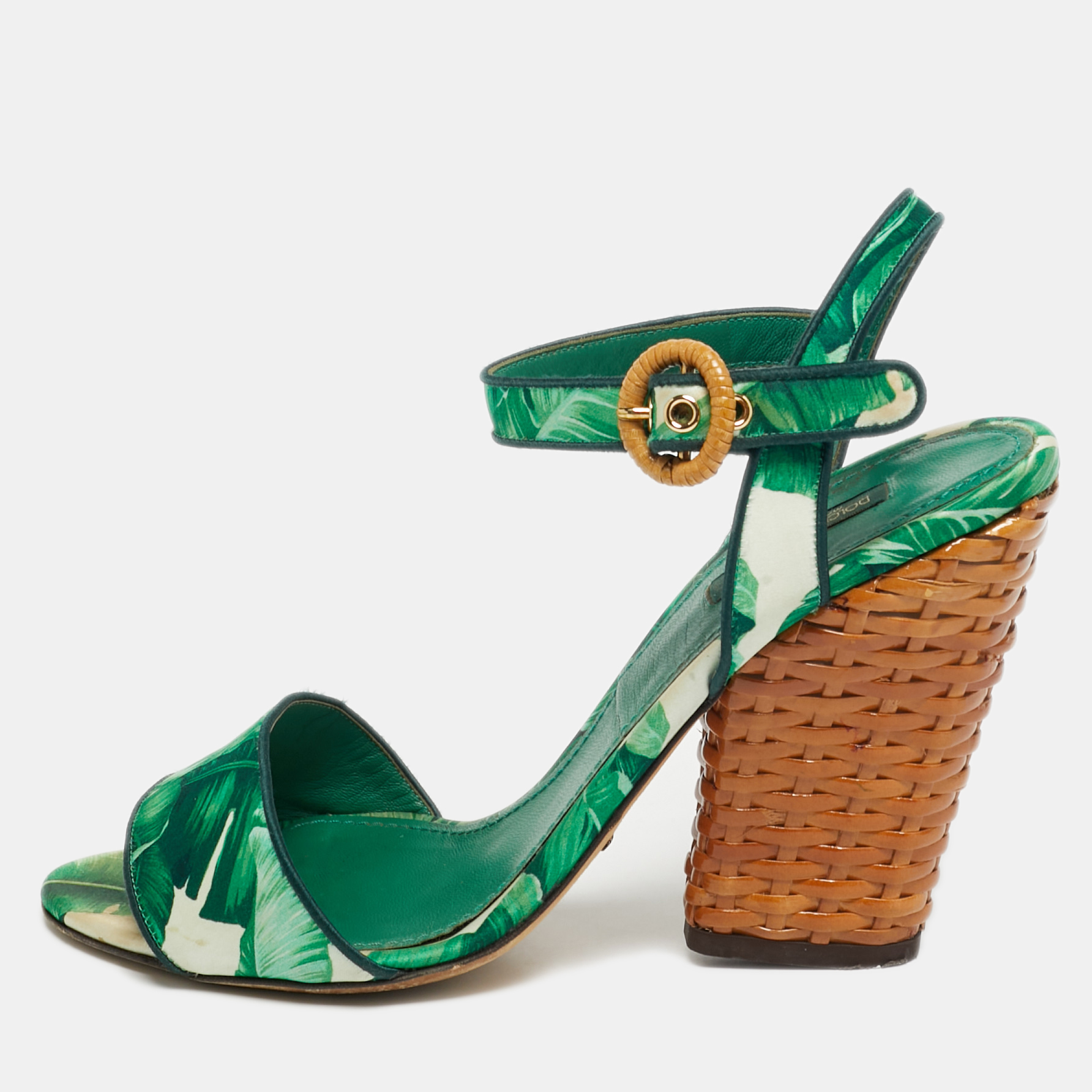 Click to view more detailed imagery on our partner's website Pre-owned Dolce & Gabbana Size 40 Green Satin And Raffia Ankle Strap Sandals Sandals