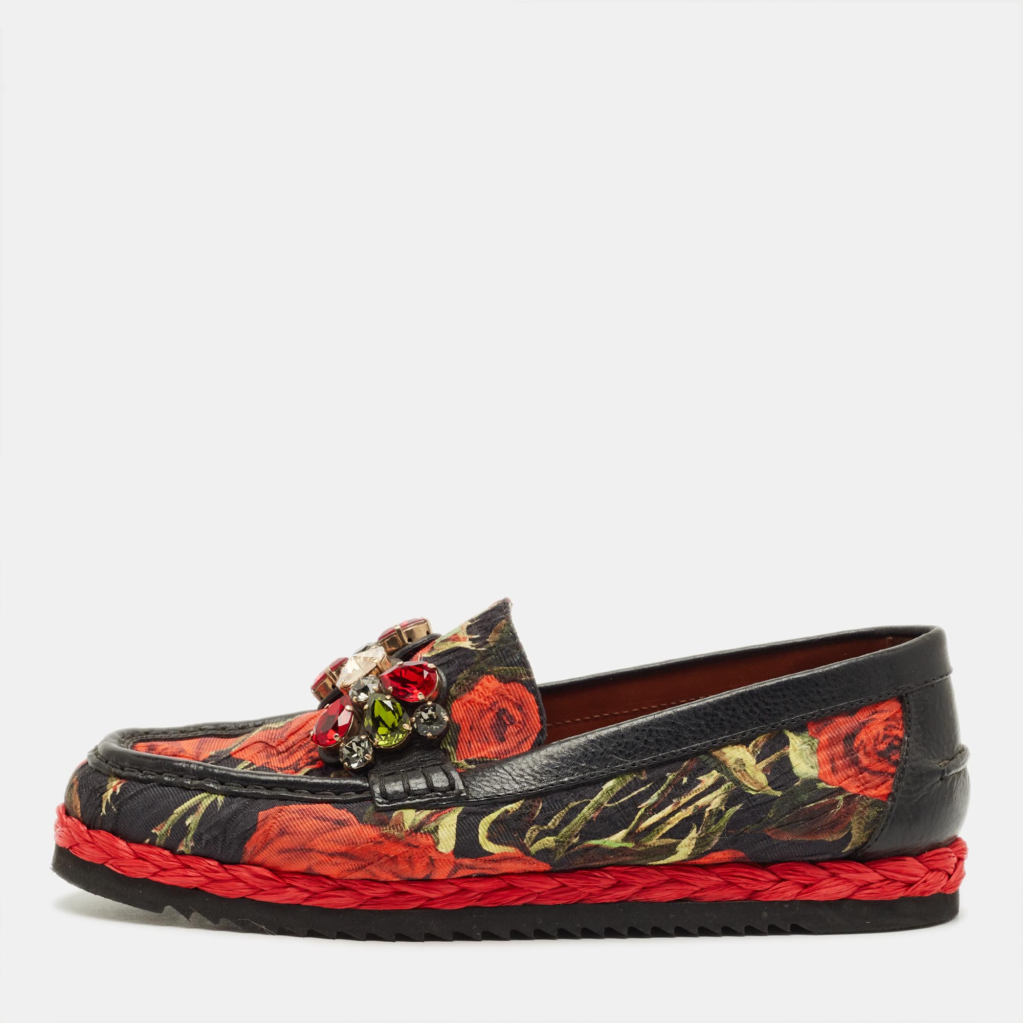 Pre-owned Dolce & Gabbana Size 40 Multicolor Brocade Fabric And Leather Crystal Embellished Loafers
