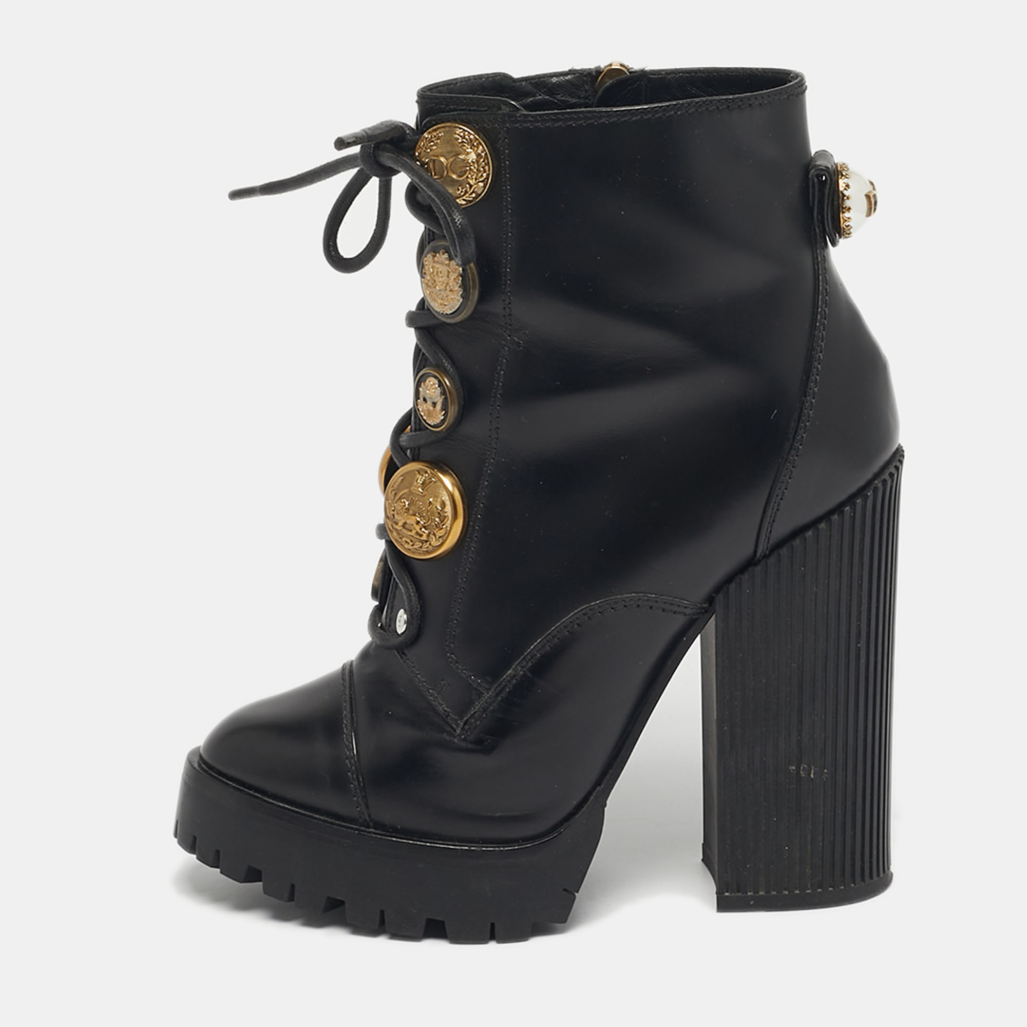 

Dolce & Gabbana Size  Black Leather Button Embellished Combat Ankle Boots