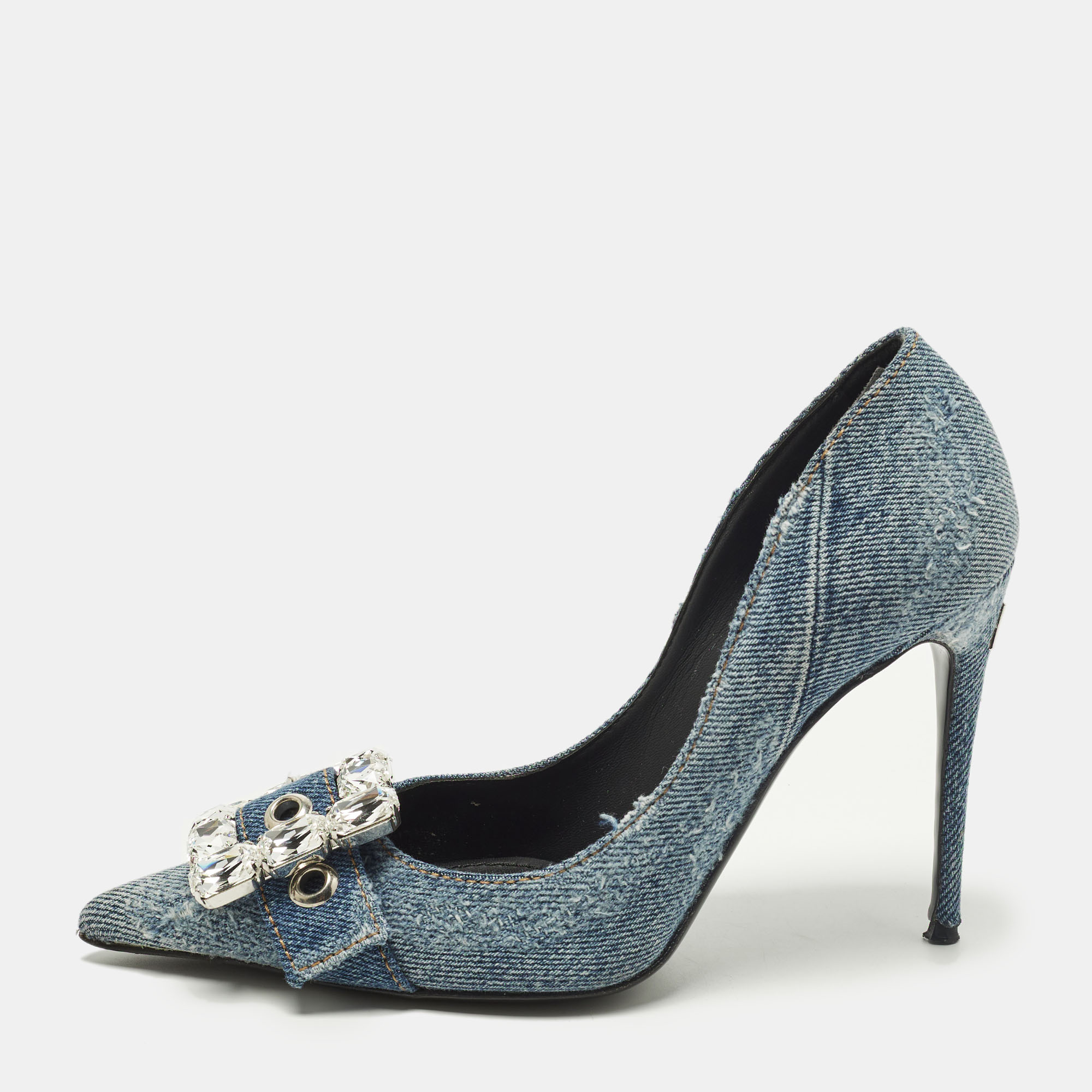 Pre-owned Dolce & Gabbana Bellucci Size 36 Blue Denim Rhinestone Buckle Pumps