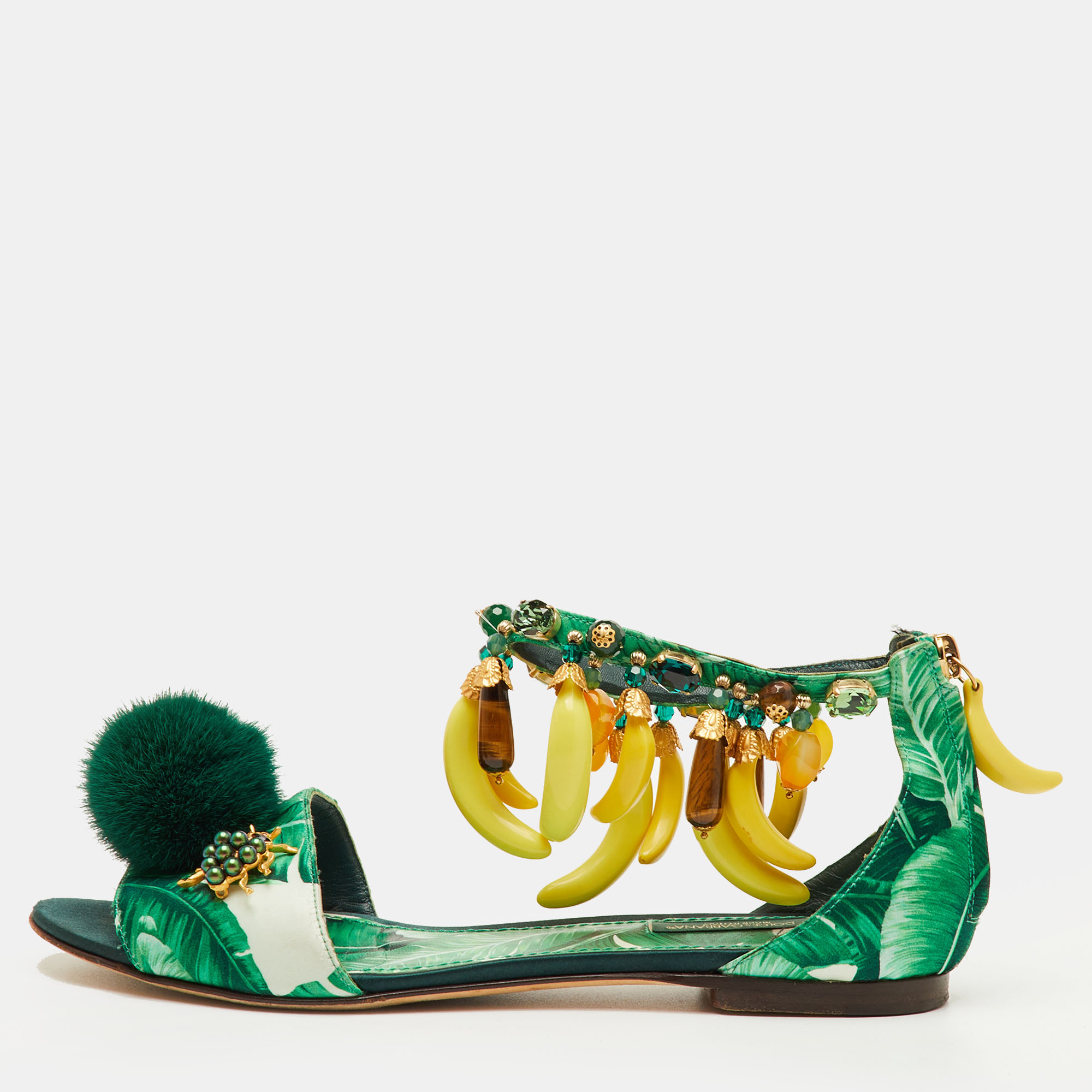 

Dolce & Gabbana Size  Green Mink Fur and Satin Banana Leaf Ankle Strap Flat Sandals