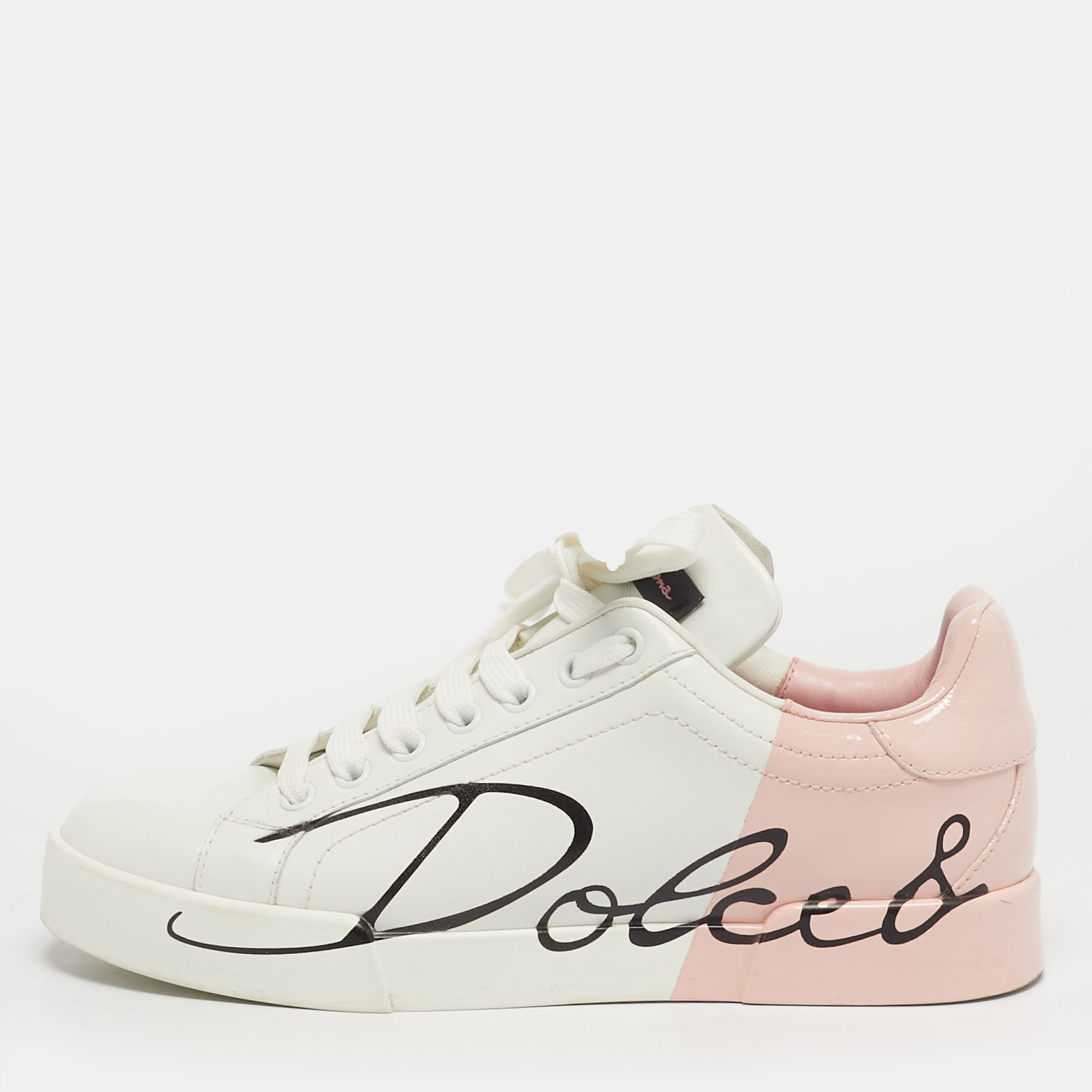 Pre-owned Dolce & Gabbana Portofino Size 37 White/pink Leather Lace Up Sneakers