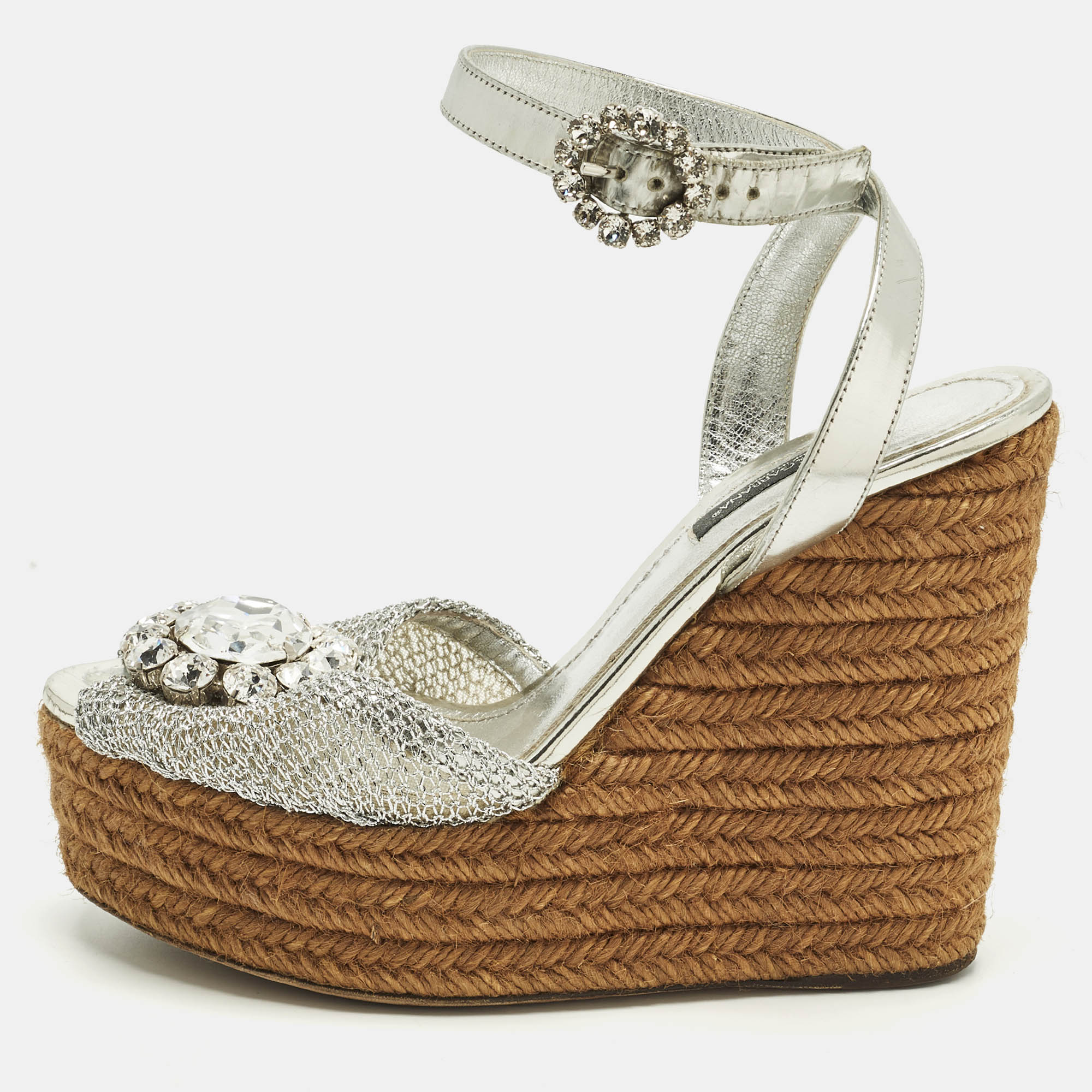 Pre-owned Dolce & Gabbana Bianca Size 38 Silver Mesh And Raffia Wedge Sandals
