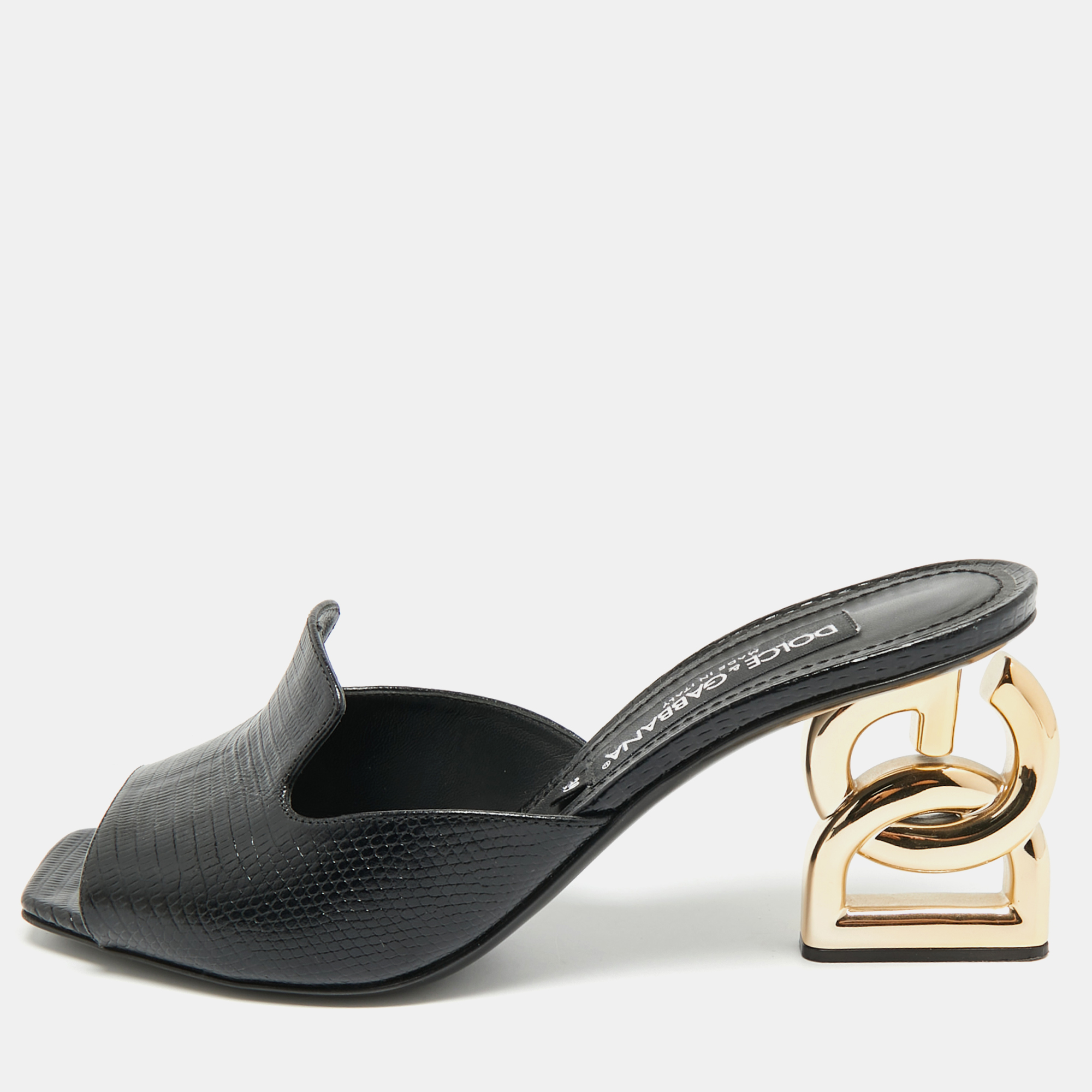 

Dolce & Gabbana Keira Size  Black Lizard Embossed Leather Slide Sandals