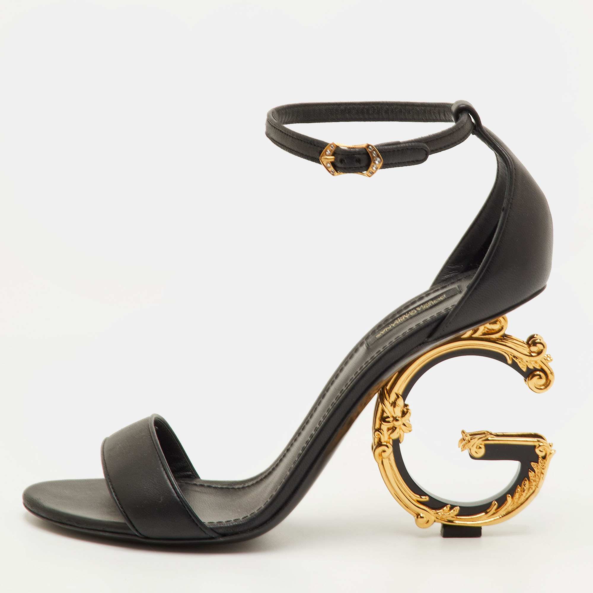 

Dolce & Gabbana Keira DG Heel Size  Black Leather Ankle Strap Sandals
