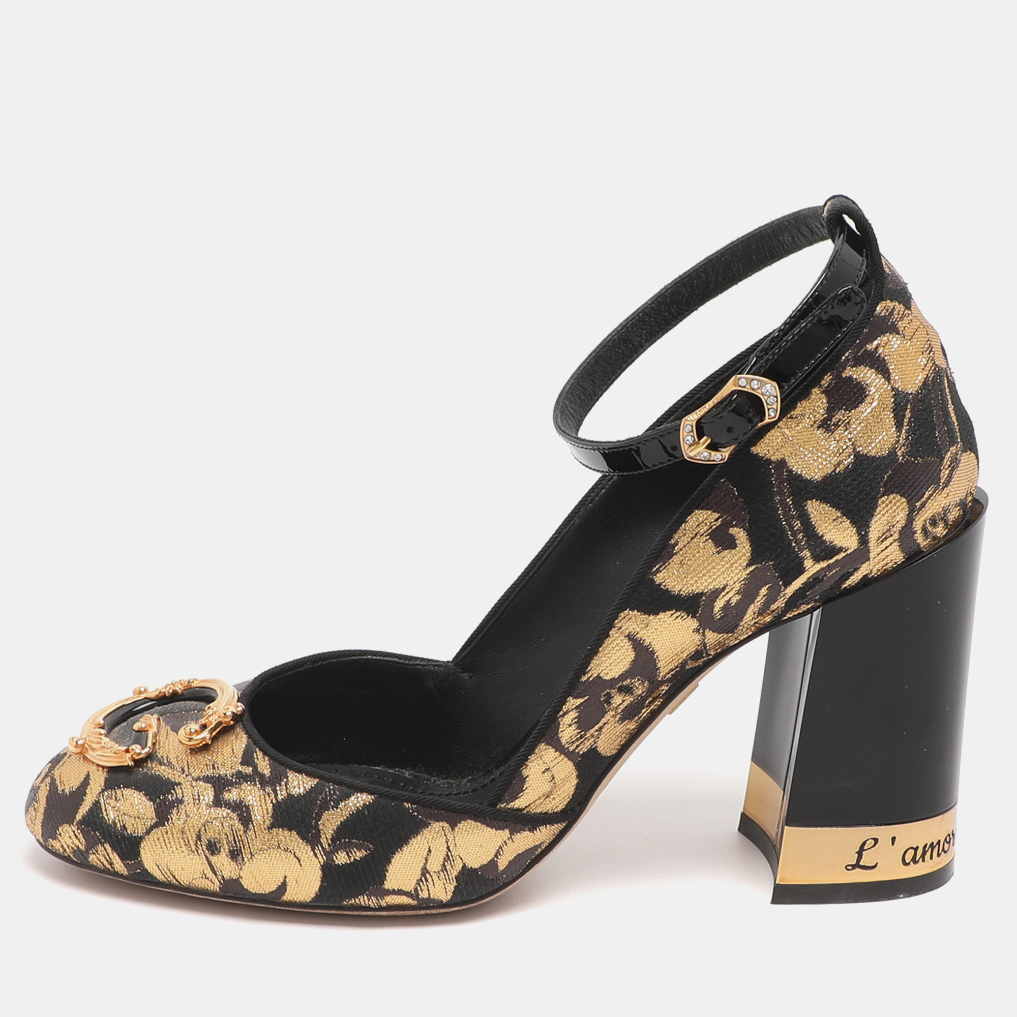 

Dolce & Gabbana DG Logo Size 36.5 Gold/Black Brocade Fabric and Patent Leather Pumps
