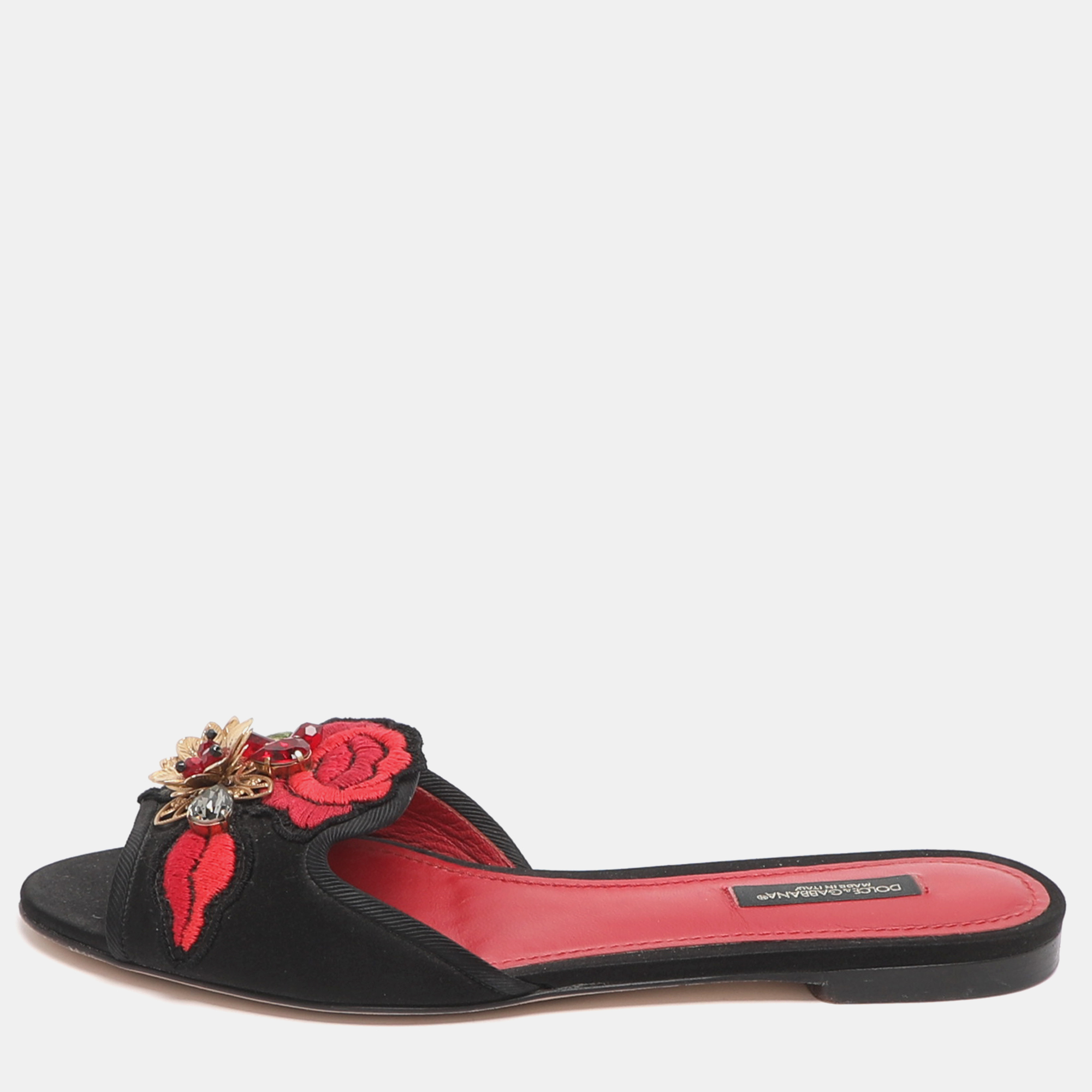 

Dolce & Gabbana Size 37.5 Black Satin Floral Embroidered Flats