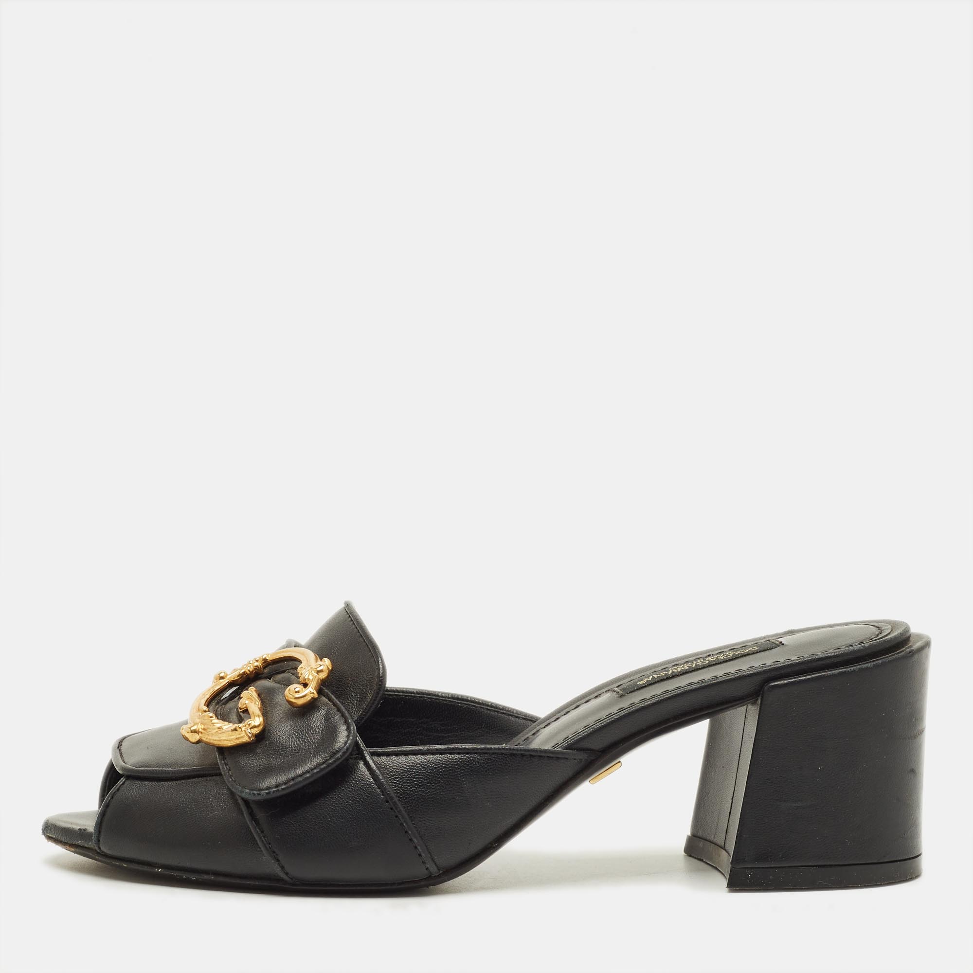 

Dolce & Gabbana Baroque Size  Black Leather Slide Sandals