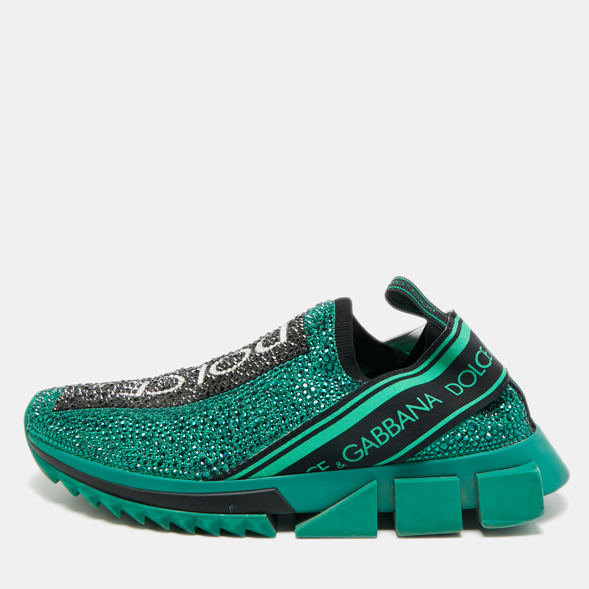 

Dolce & Gabbana Sorrento Size  Green Knit Fabric Crystal Embellished Slip On Sneakers
