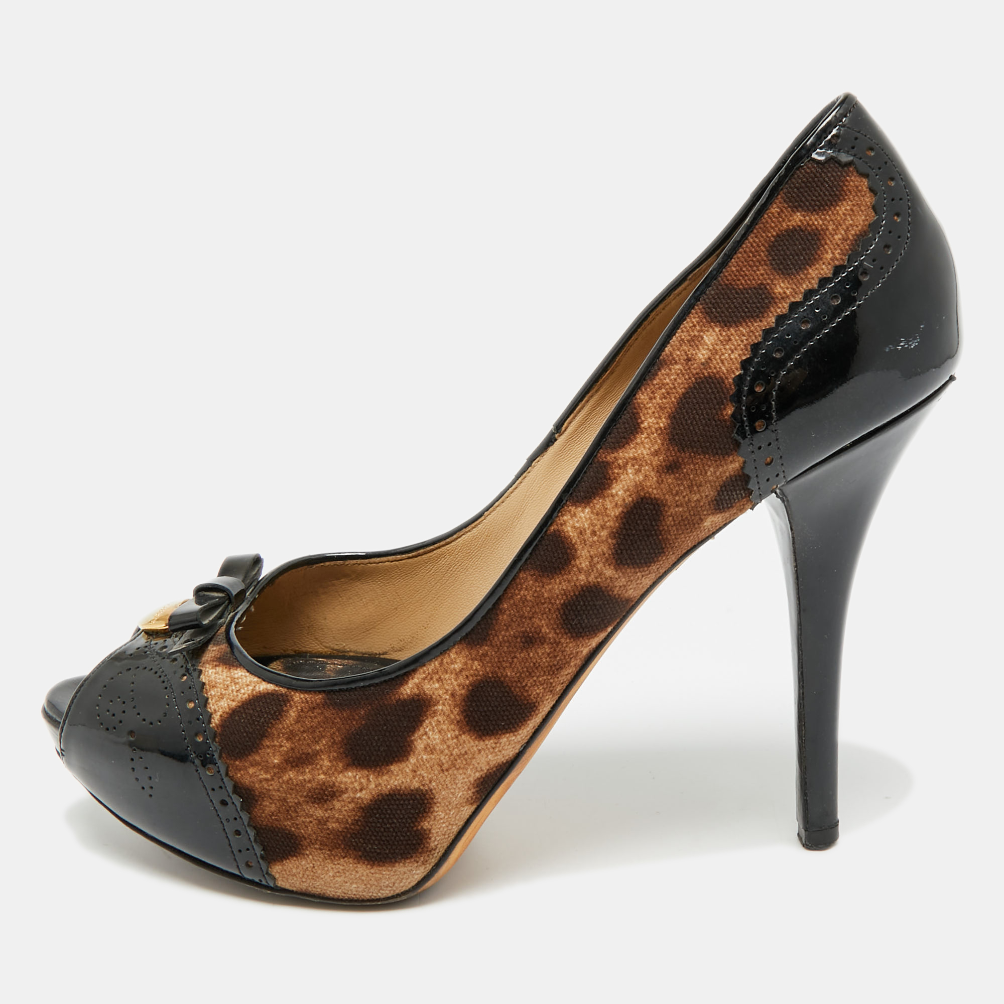 

Dolce & Gabbana Size  Brown/Black Leopard Print Canvas and Patent Leather Peep Toe Pumps