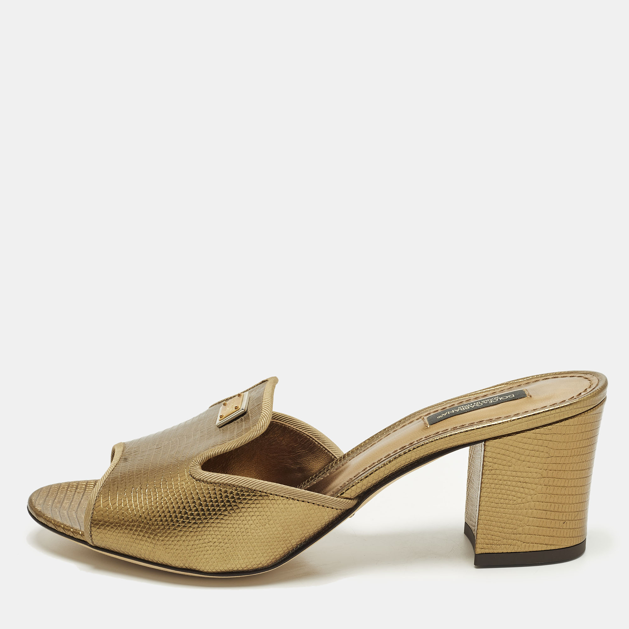 

Dolce & Gabbana Size  Gold Lizard Embossed Leather Slide Sandals
