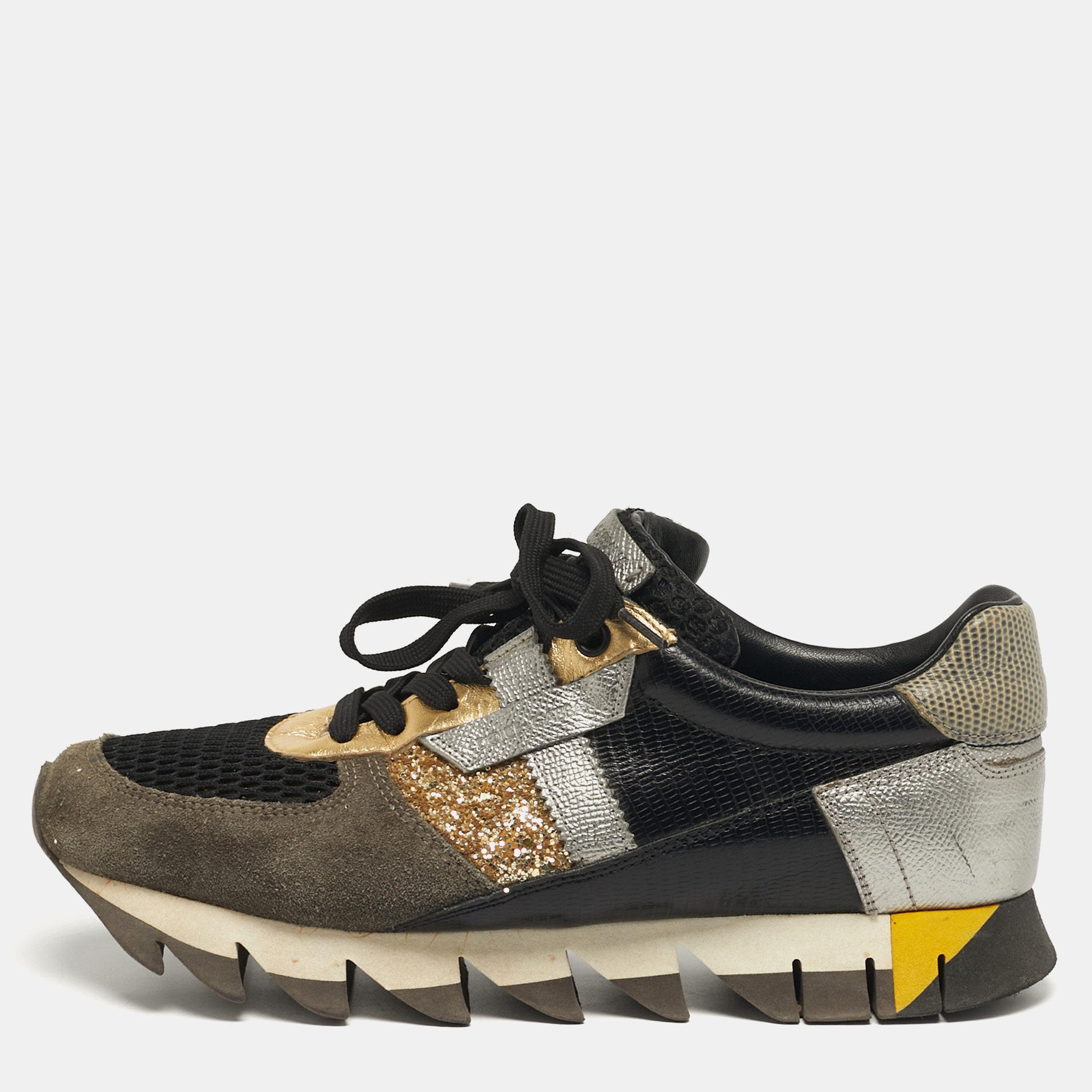 

Dolce & Gabbana Size  Multicolor Glitter, Leather and Suede Lace Up Sneakers