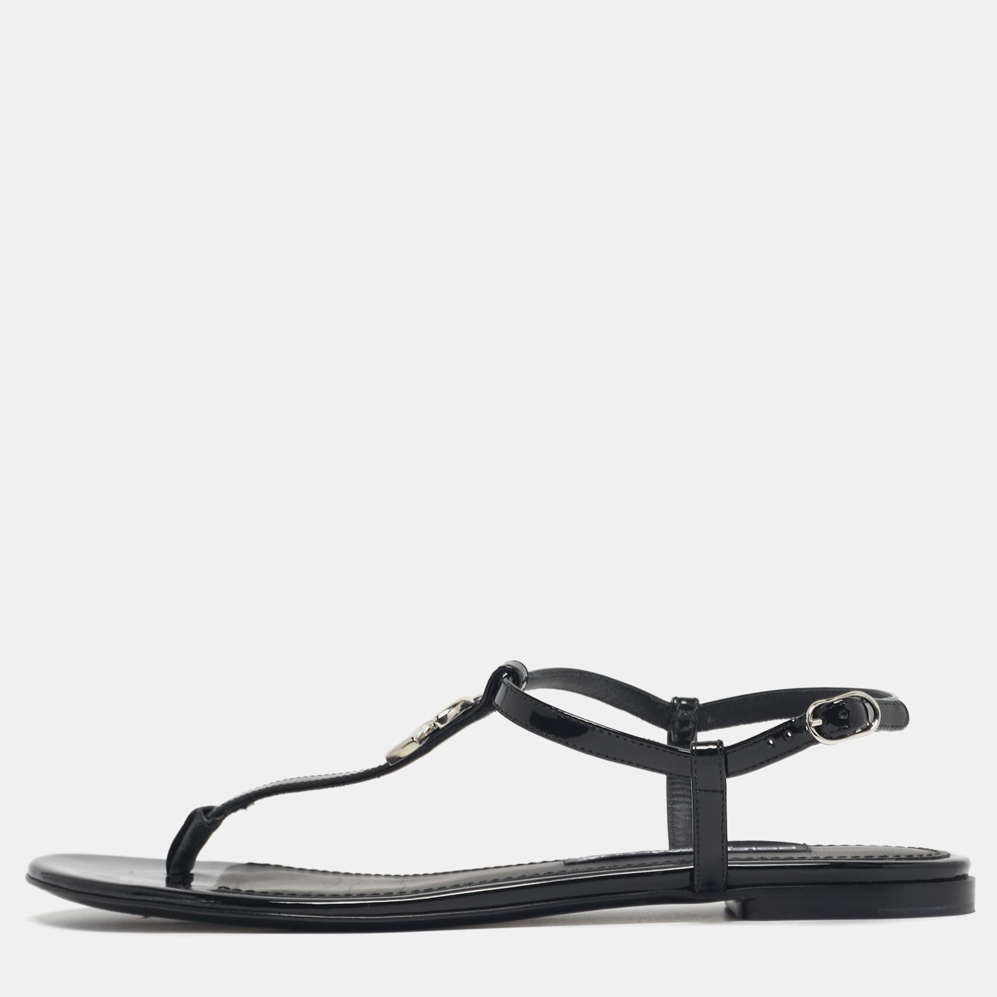 

Dolce & Gabbana DG Logo Size  Black Patent Leather Thong Flats