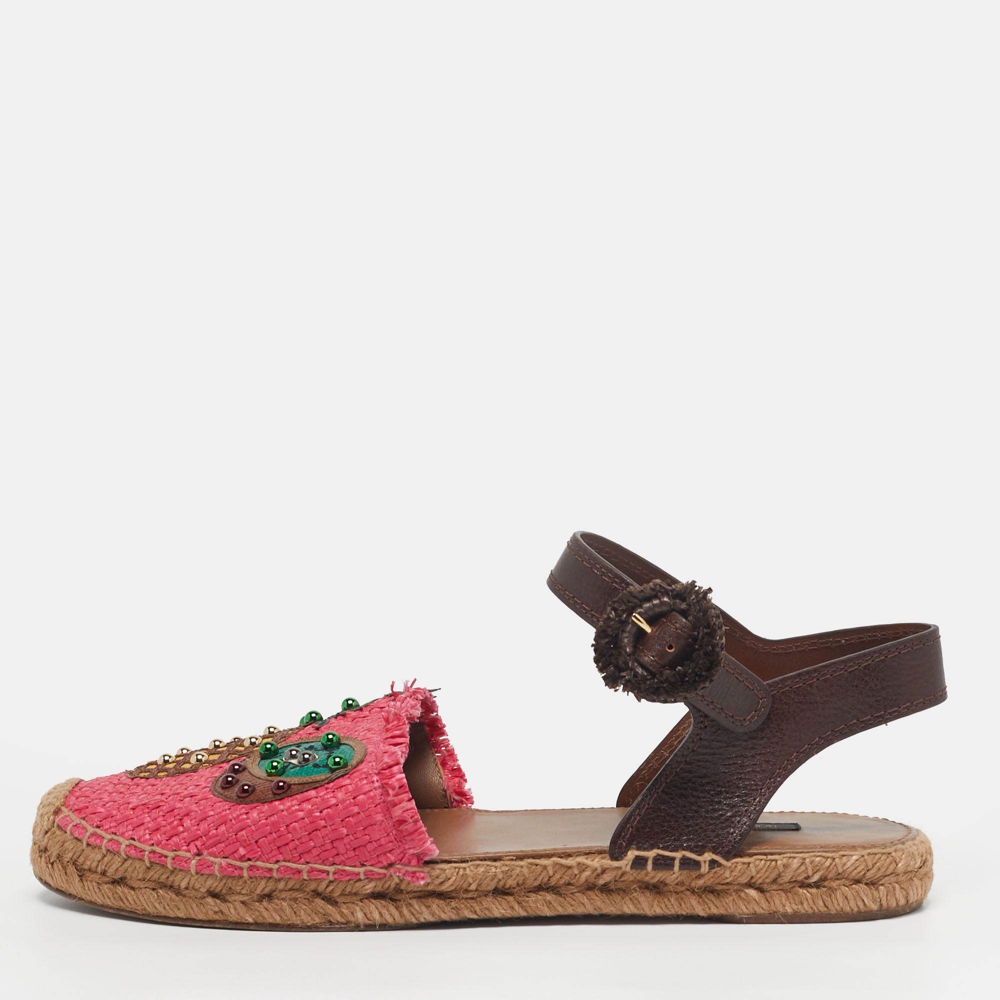 

Dolce & Gabbana Size  Brown/Red Raffia and Leather Pineapple Kiwi Patch Espadrille Sandals, Multicolor