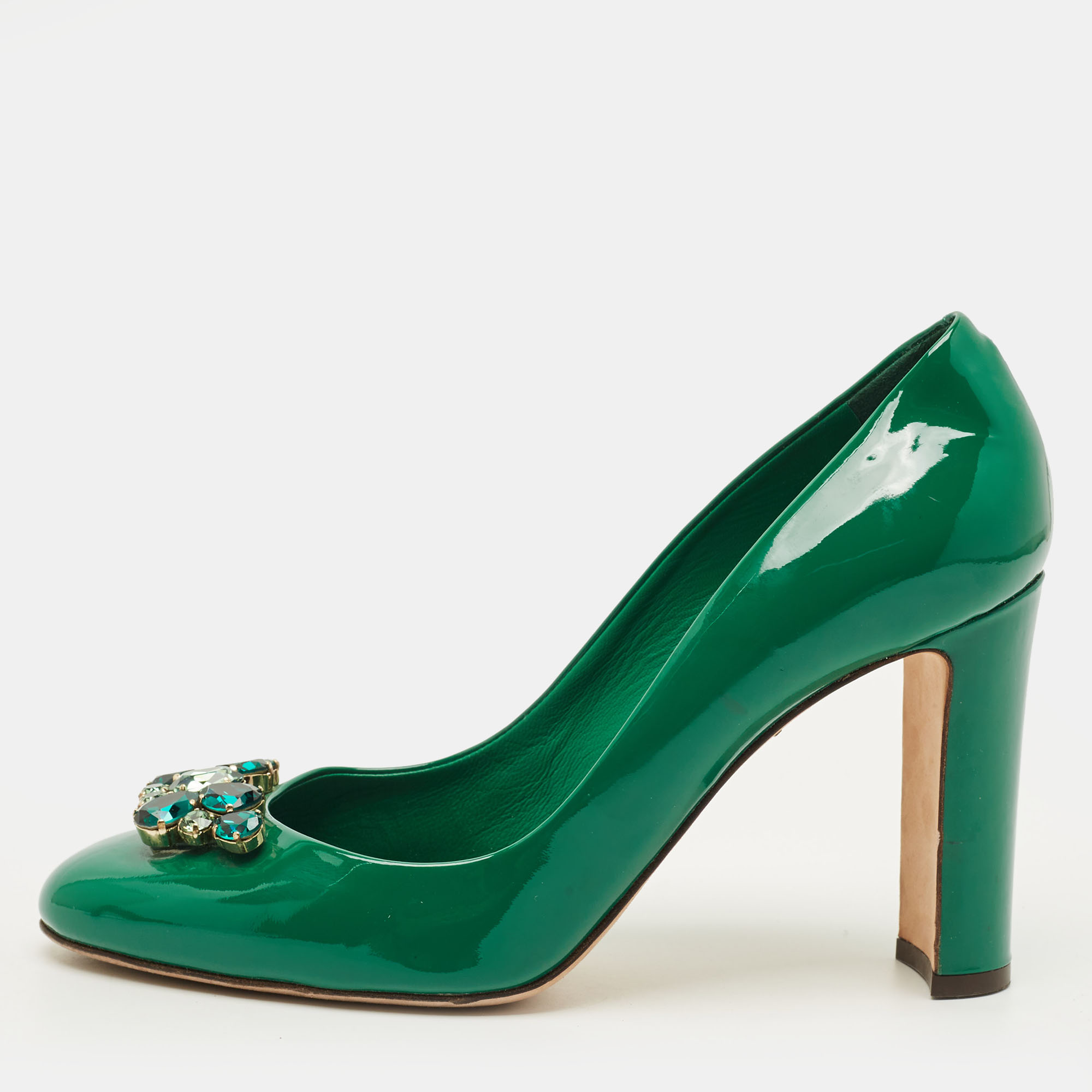 

Dolce & Gabbana Size  Green Patent Leather Crystal Embellished Block Heel Pumps
