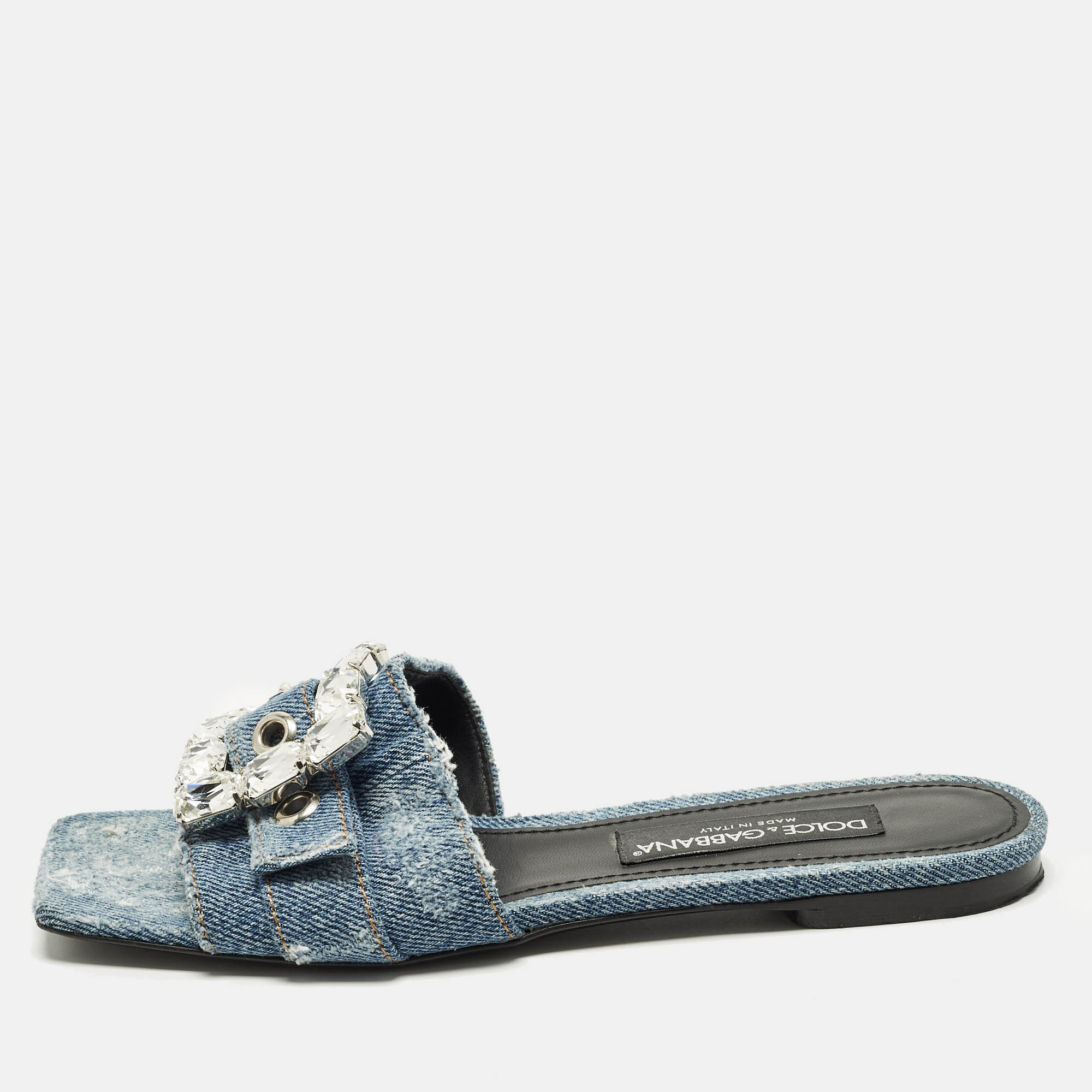 Pre-owned Dolce & Gabbana Size 39 Blue Denim Crystal Embellished Buckle Flat Slide