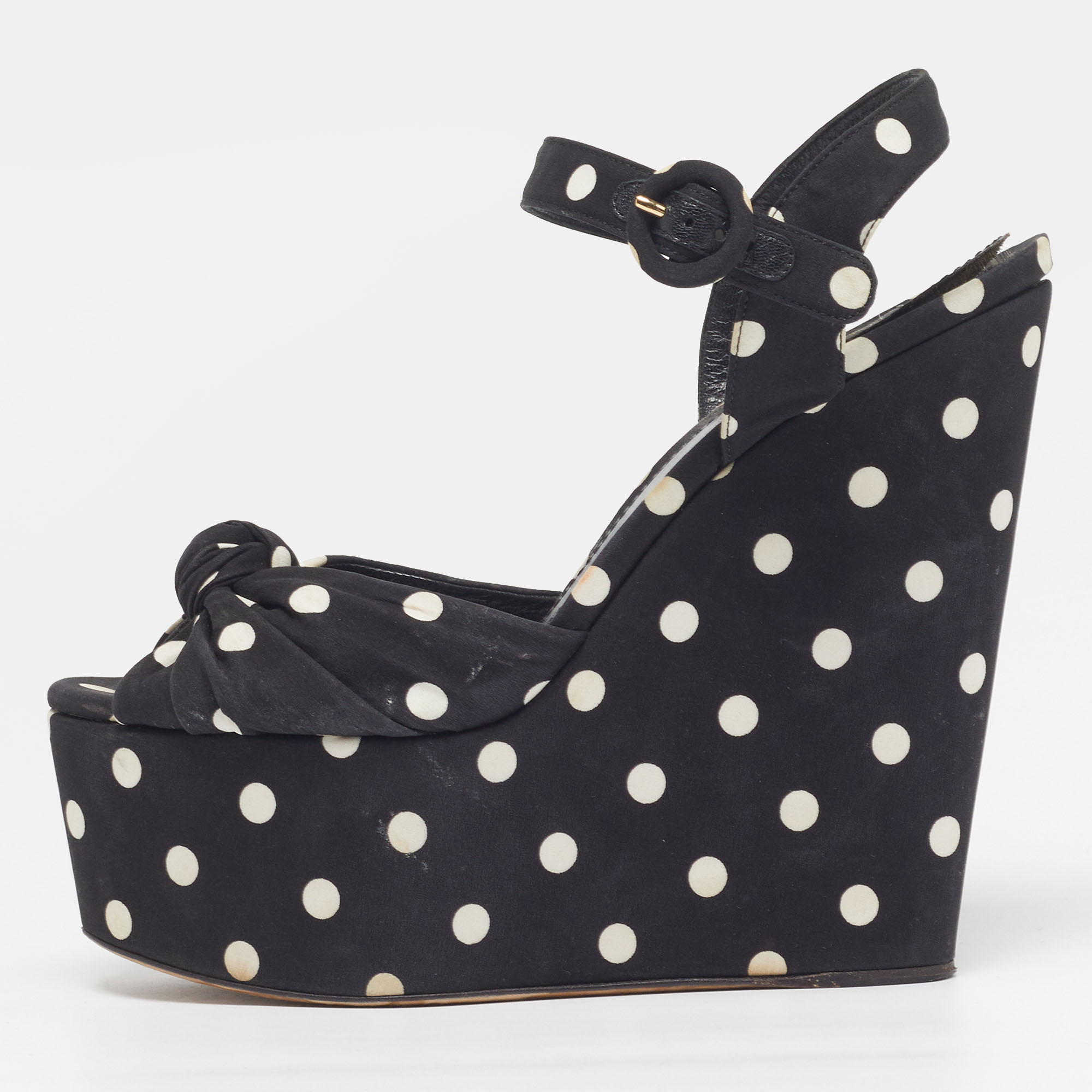 

Dolce & Gabbana Polka Dot Size  Black Fabric Ankle Strap Platform Wedge Sandals