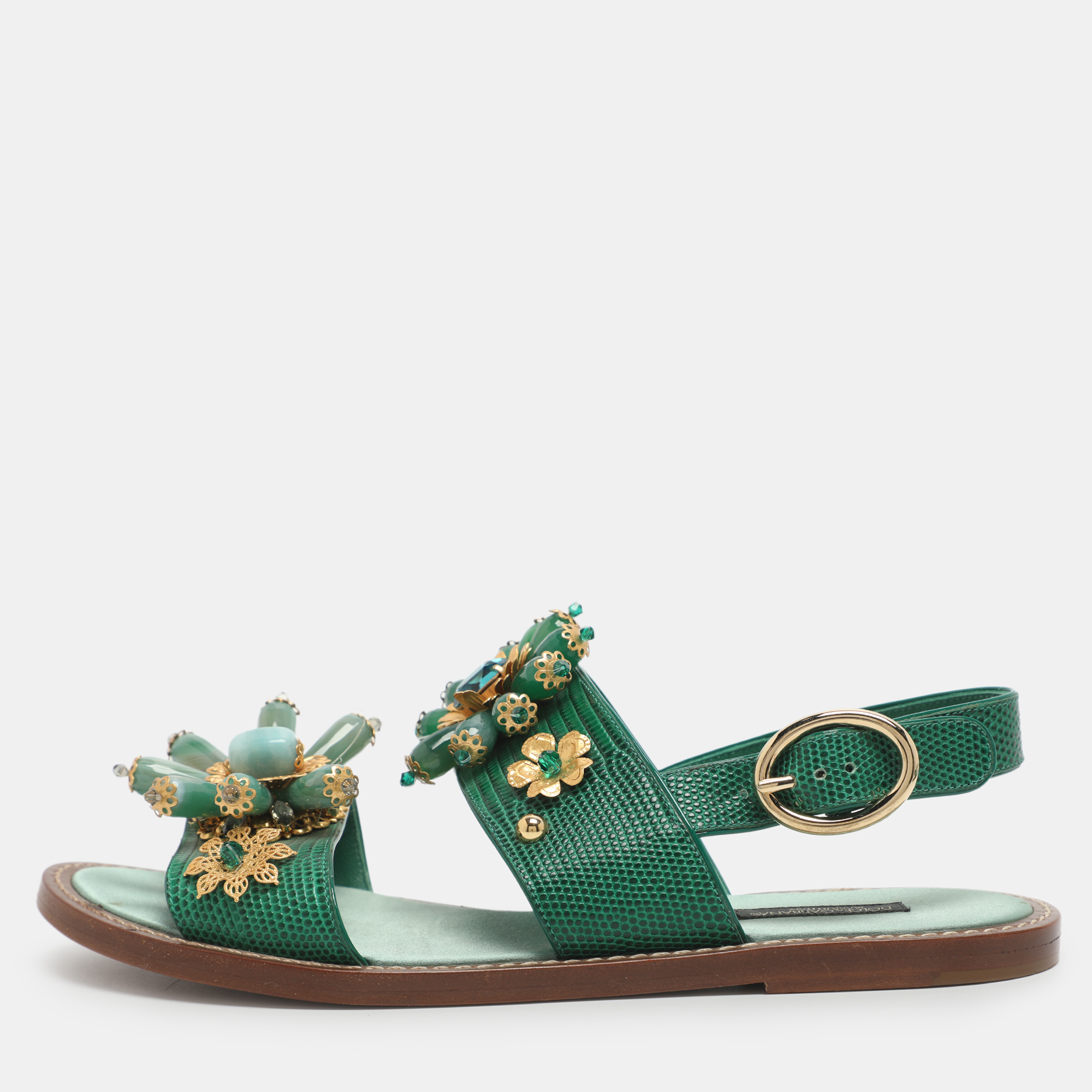 

Dolce & Gabbana Embellished Size  Green Lizard Embossed Leather Flat Sandals