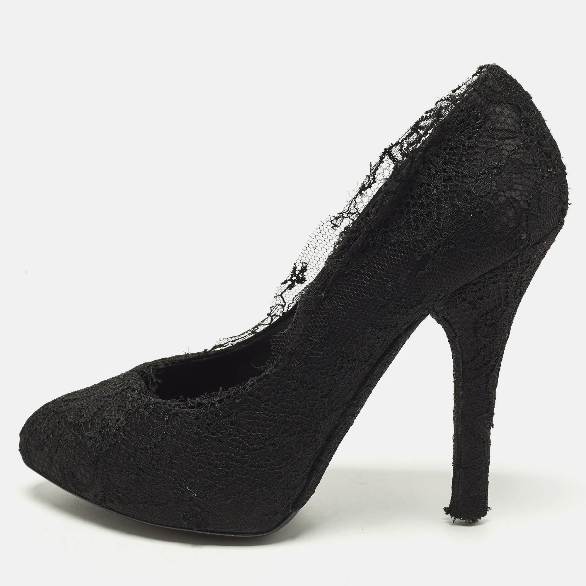 

Dolce & Gabbana Size  Black Lace and Satin Round Teo Pumps