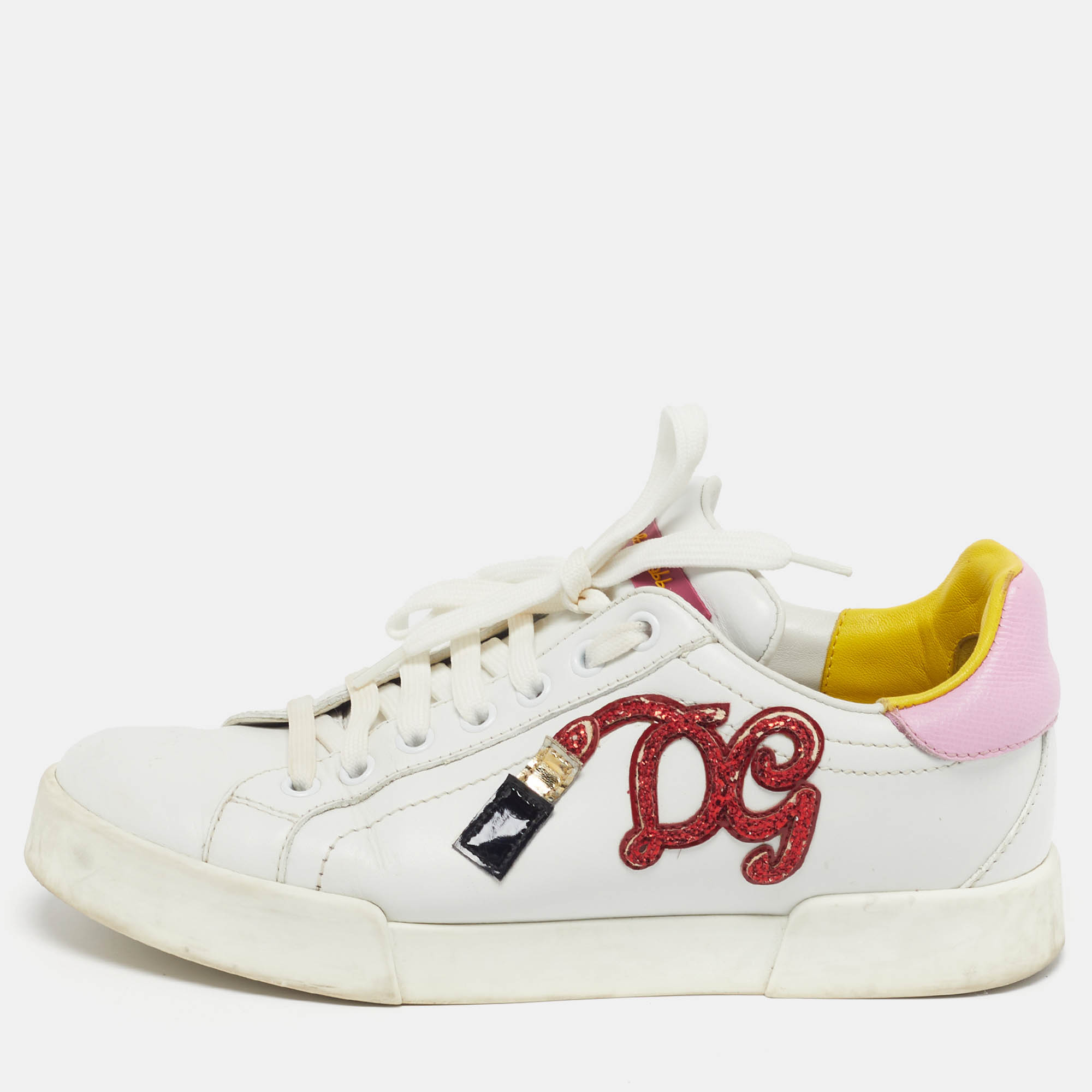 

Dolce & Gabbana Portofino Size  White/Pink Leather Lace Up Sneakers