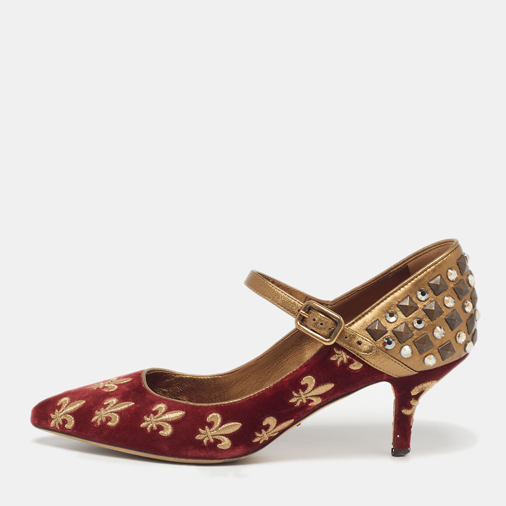 

Dolce & Gabbana Lily Size  Red Brocade Velvet Leather Mary Jane Pumps