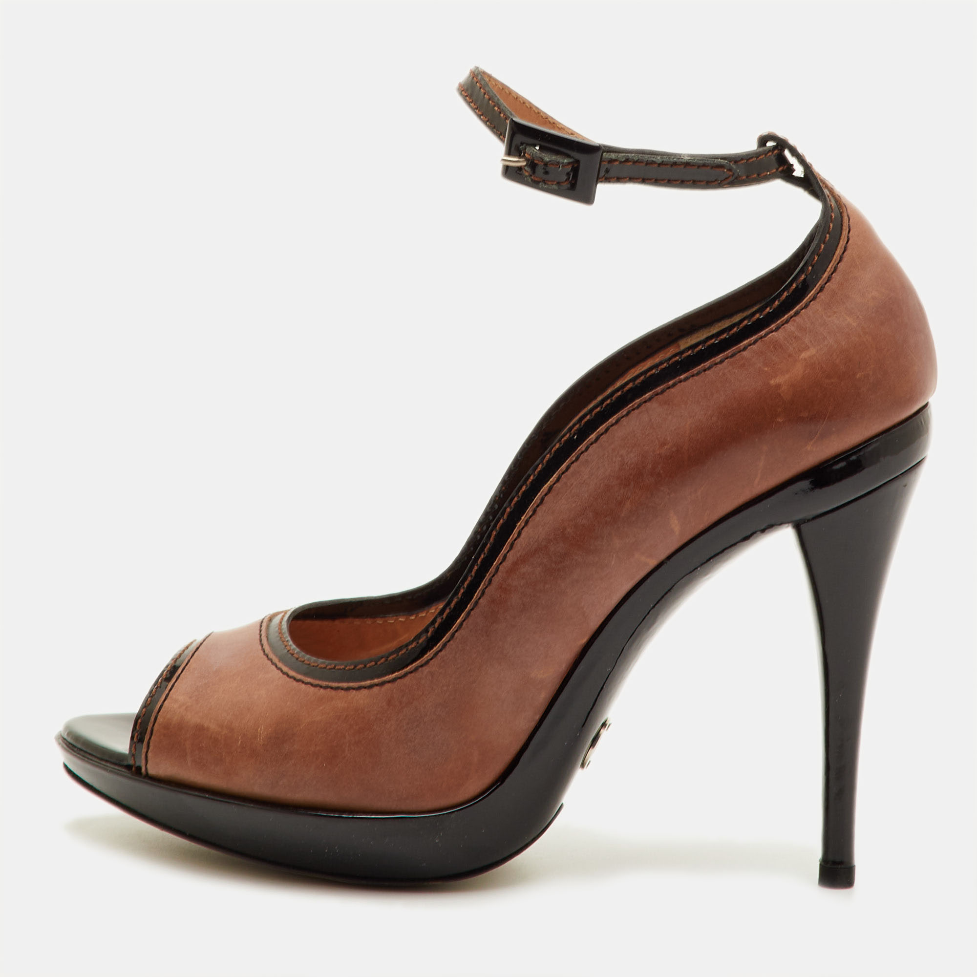 Pre-owned Dolce & Gabbana Size 39.5 Brown/black Patent And Leather Peep Toe Platform Ankle Strap Pumps