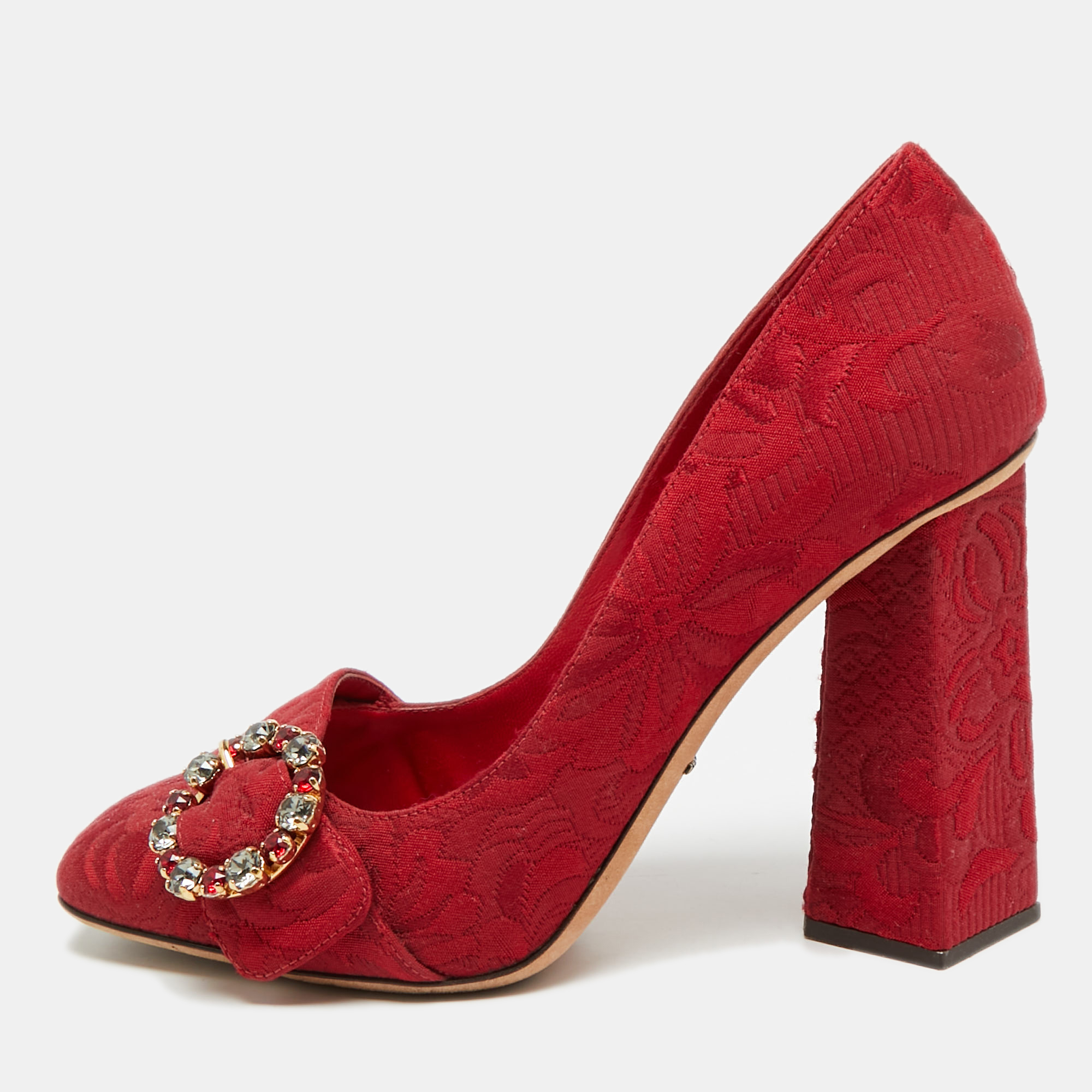 

Dolce & Gabbana Size  Red Brocade Fabric Crystal Embellished Block Heel Pumps
