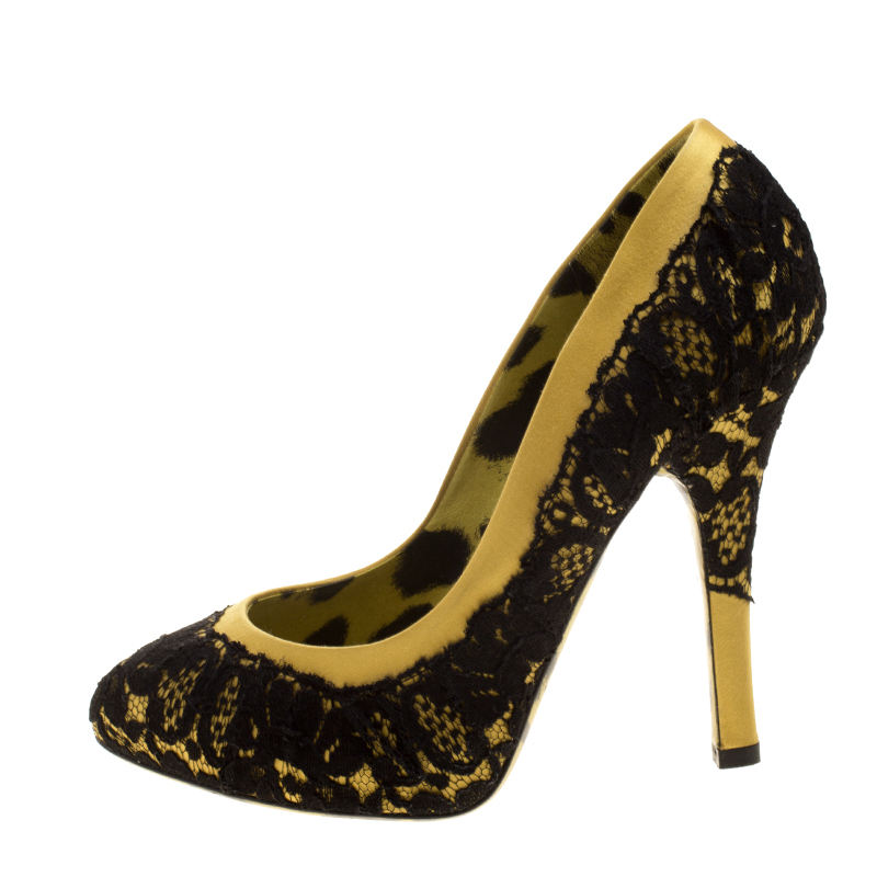 

Dolce & Gabbana Yellow/Black Satin and Lace Pumps Size