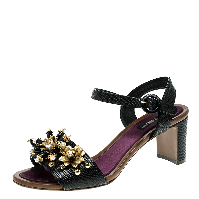 مملوكة مسبقًا Dolce and Gabbana Black Lizard Leather Floral Embellished Ankle Strap Sandals Size 38
