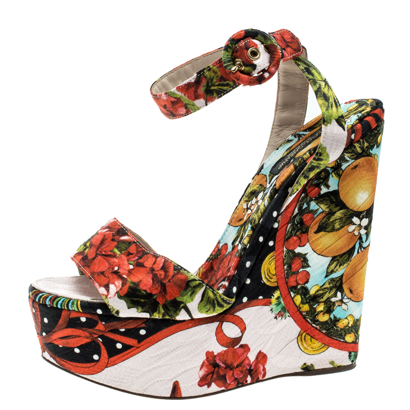 

Dolce & Gabbana Multicolor Printed Brocade Peep Toe Ankle Wrap Wedge Sandals Size