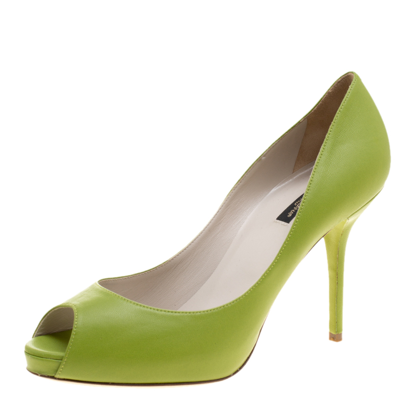 Pre Owned Dolce & Gabbana Pear Green Leather Peep Toe Platform Pumps Size 39