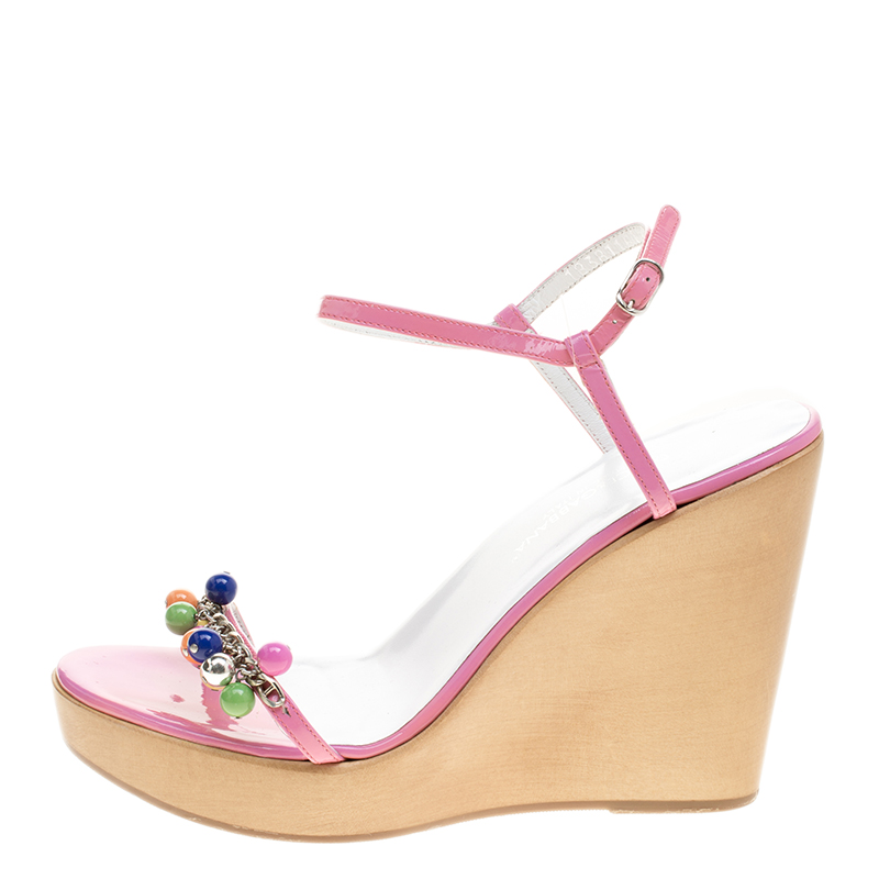 

Dolce & Gabbana Pink Patent Leather Beads Embellished Ankle Strap Open Toe Wedge Sandals Size