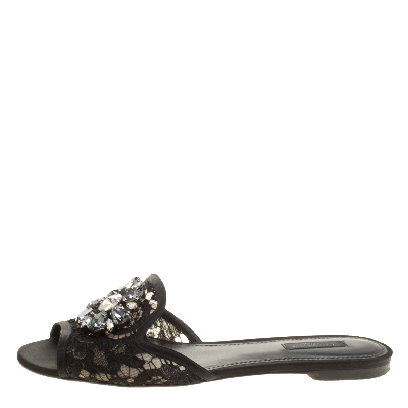 

Dolce & Gabbana Black Lace Sofia Crystal Embellished Slides Size