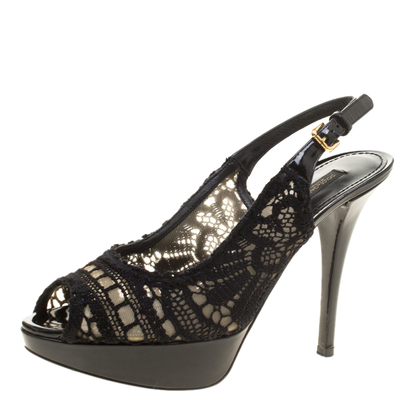 Dolce and Gabbana Black Lace Peep Toe Platform Slingback Sandals Size ...