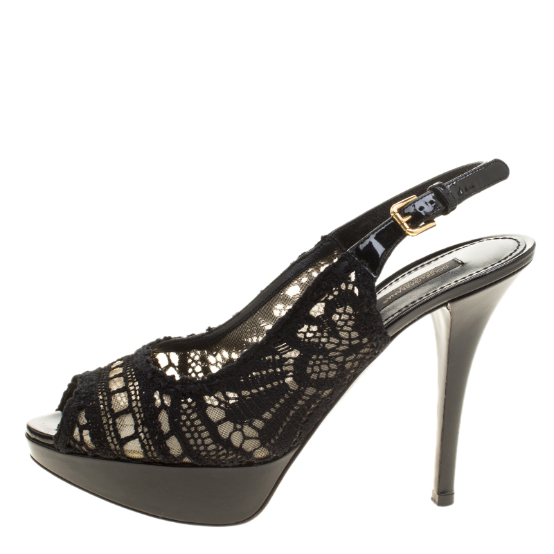 

Dolce and Gabbana Black Lace Peep Toe Platform Slingback Sandals Size
