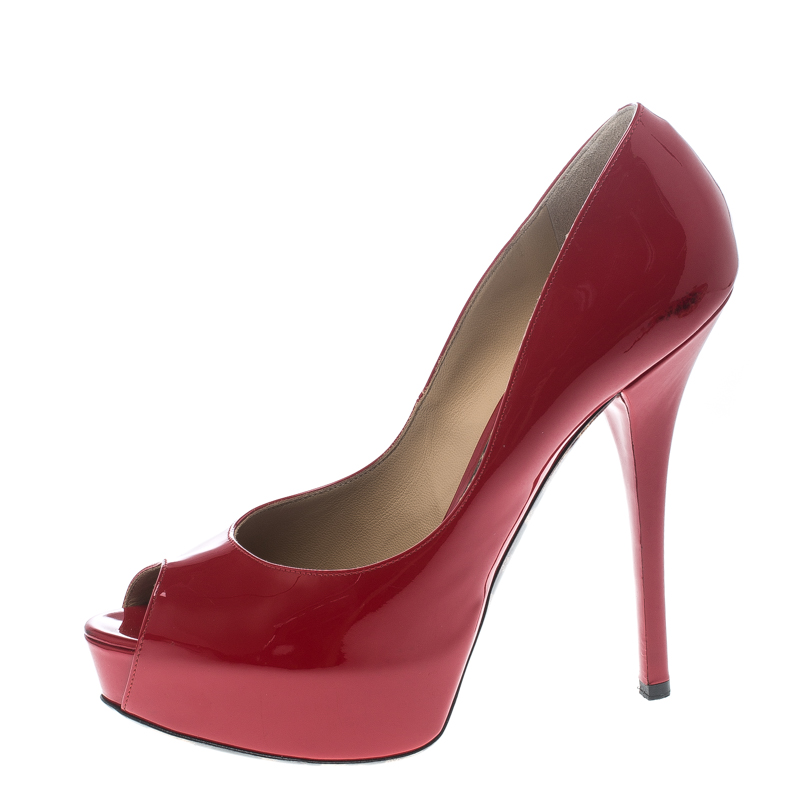 Pre Owned Dolce and Gabbana Red Patent Leather Peep Toe Platform Pumps Size 40