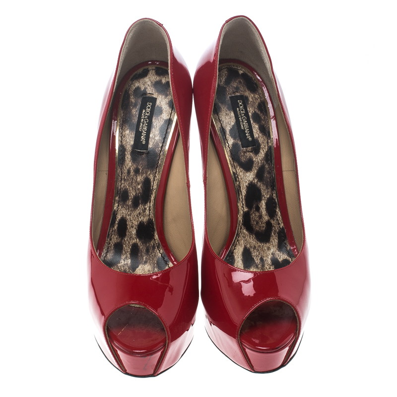 Pre Owned Dolce and Gabbana Red Patent Leather Peep Toe Platform Pumps Size 40
