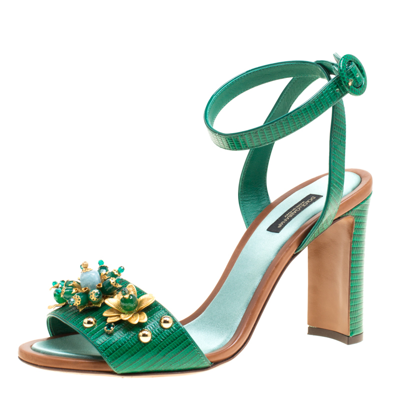 Pre Owned Dolce and Gabbana Green Lizard Embossed Leather Embellished Ankle Strap Sandals Size 40