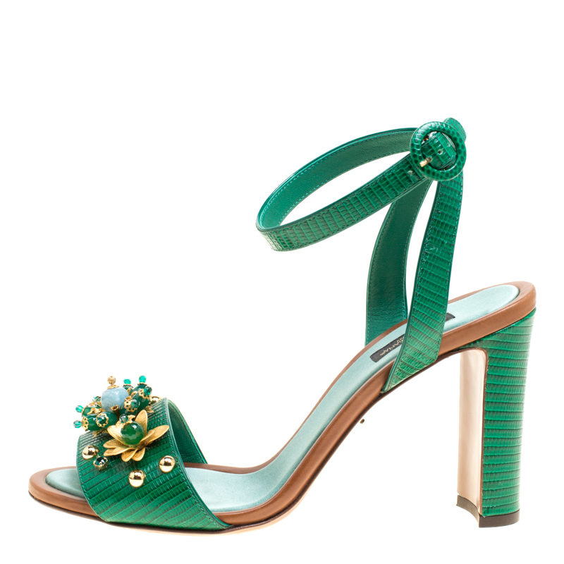 

Dolce and Gabbana Green Lizard Embossed Leather Embellished Ankle Strap Sandals Size