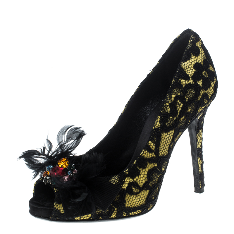 Dolce and Gabbana Yellow/Black Satin and Lace Crystal Embellished Peep Toe Pumps Size 36