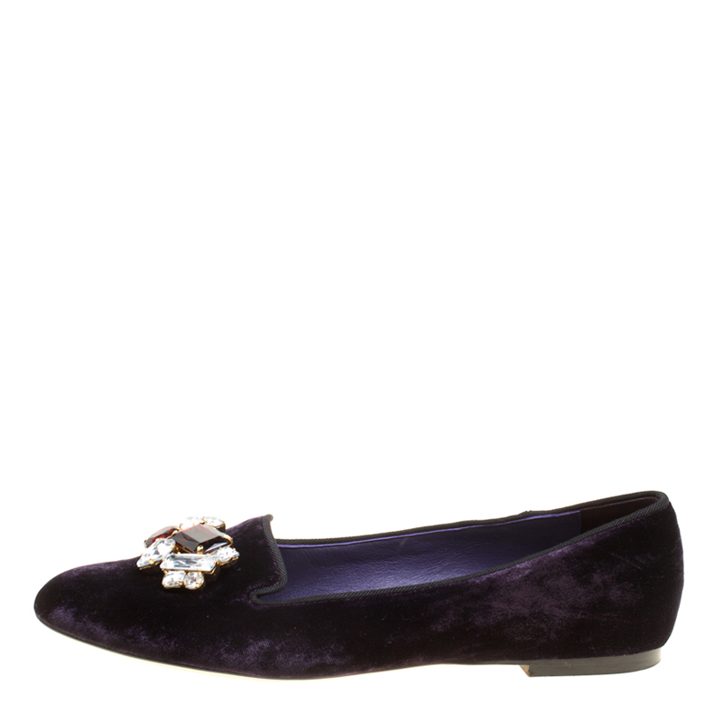 

Dolce and Gabbana Purple Velvet Crystal Embellished Smoking Slippers Size