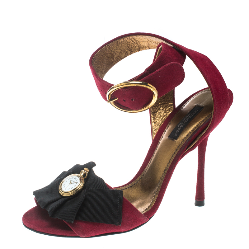 Pre Owned Dolce and Gabbana Red Suede Stopwatch Embellished Criss Cross Strap Sandals Size 36