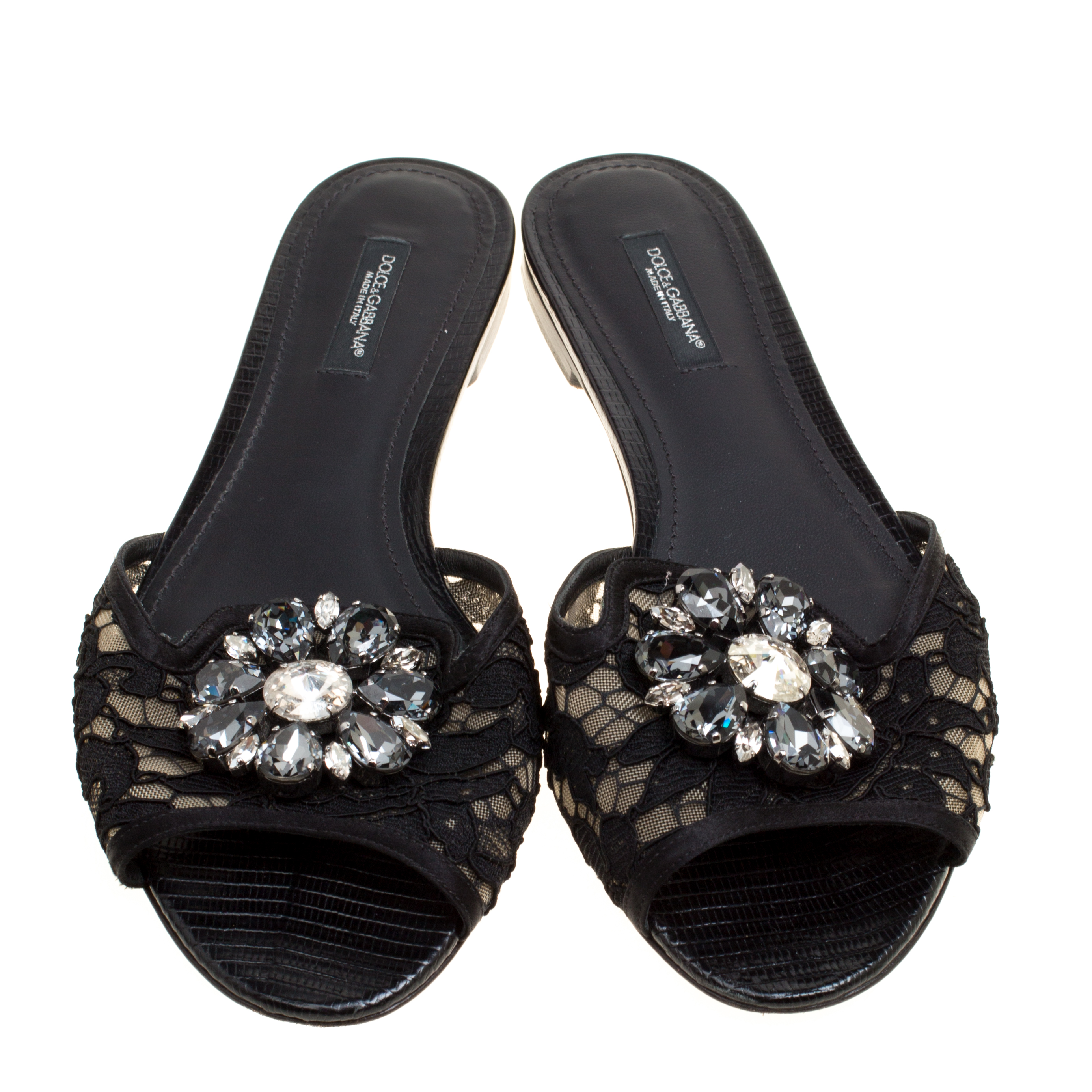 Dolce and Gabbana Black Lace Sofia Crystal Embellished Slides Size 37.5 ...