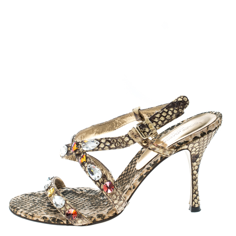 Pre-owned Dolce & Gabbana Beige Python Crystal Embellished Slingback Sandals Size 37