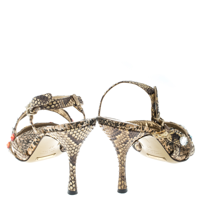 Pre-owned Dolce & Gabbana Beige Python Crystal Embellished Slingback Sandals Size 37