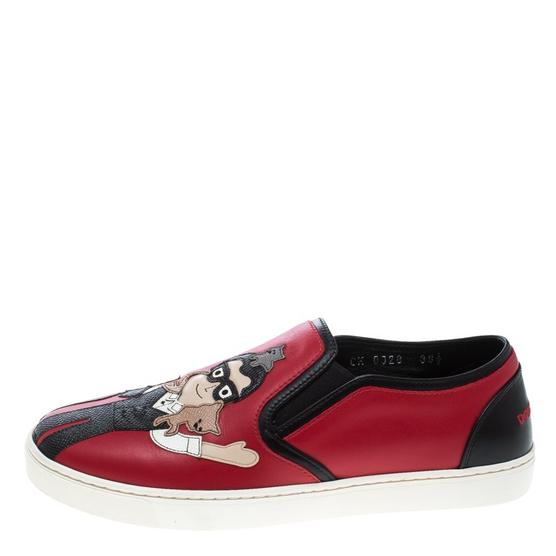 

Dolce & Gabbana Red Leather Applique Detail Slip On Sneakers Size